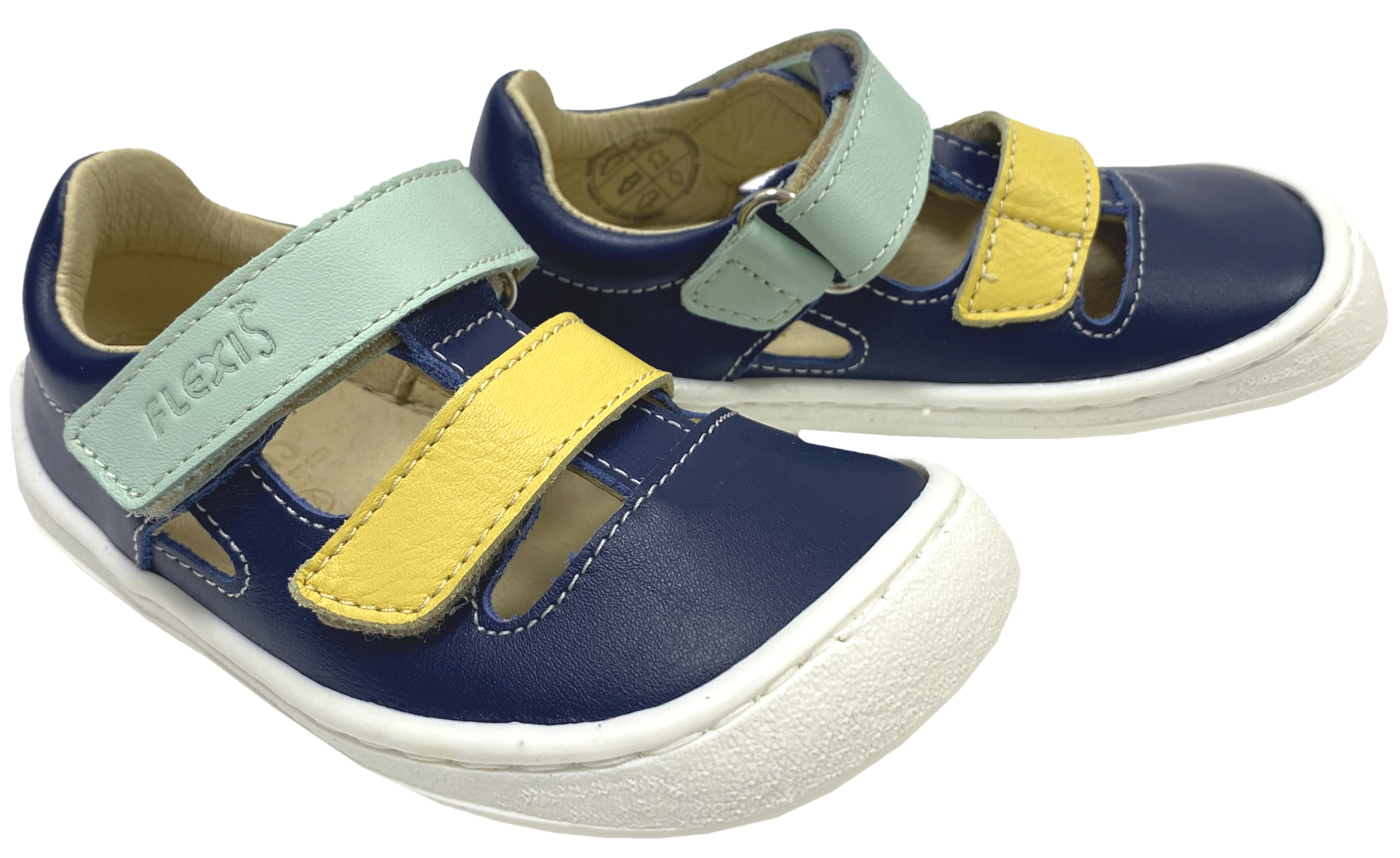 Halbsandale / Barfußschuhe in Blau / Gelb / Mint aus Leder von FLEXI Nens mit Doppelklett 43261