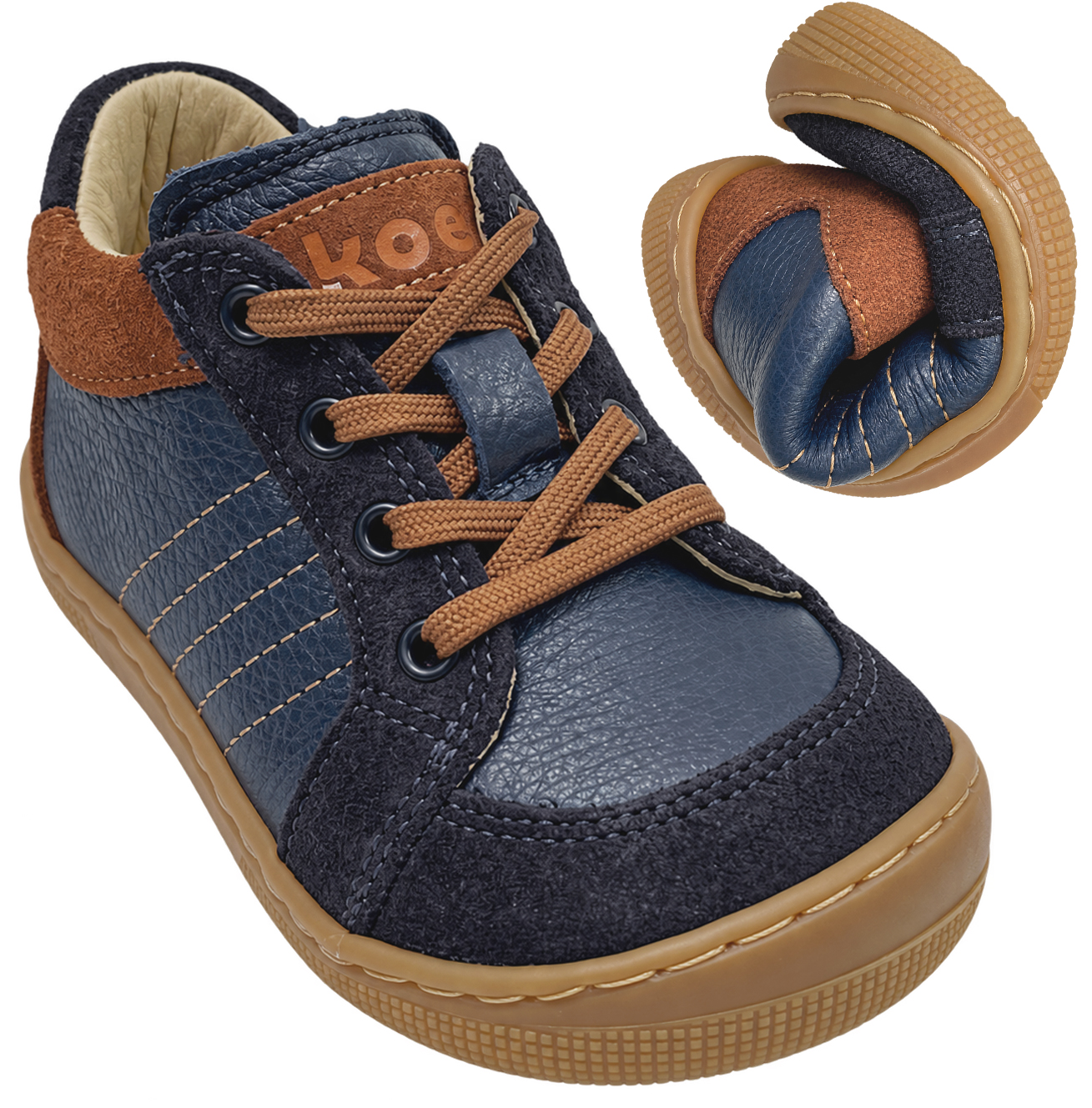 Barfußschuhe halbhoch aus Leder zum schnüren von KOEL Barefoot * DION in Navy /Braun 07M065.301