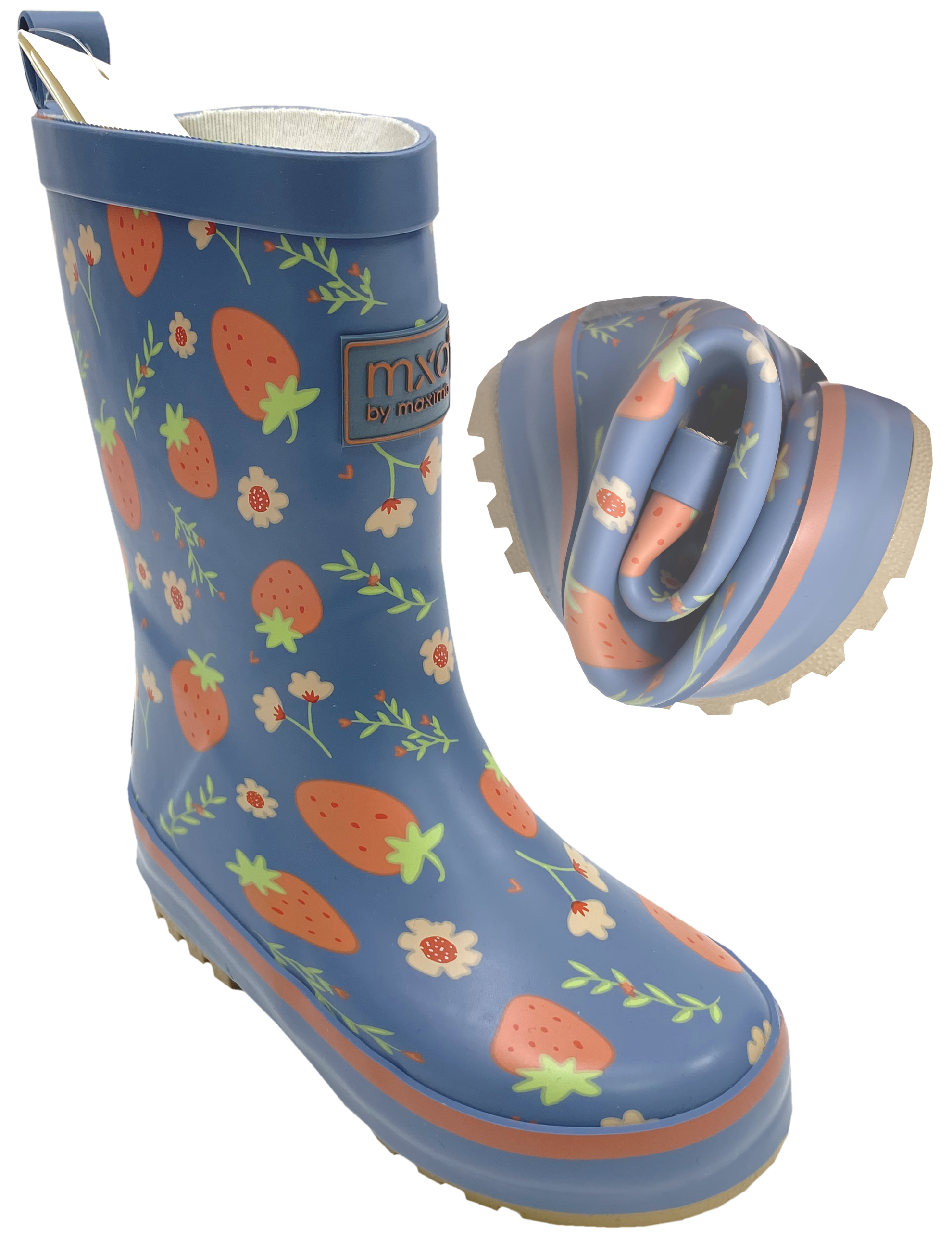 Mittelschaft Gummistiefel Naturkautschuk + Textil Futter von MAXIMO Motiv: Erdbeere auf Jeansblau