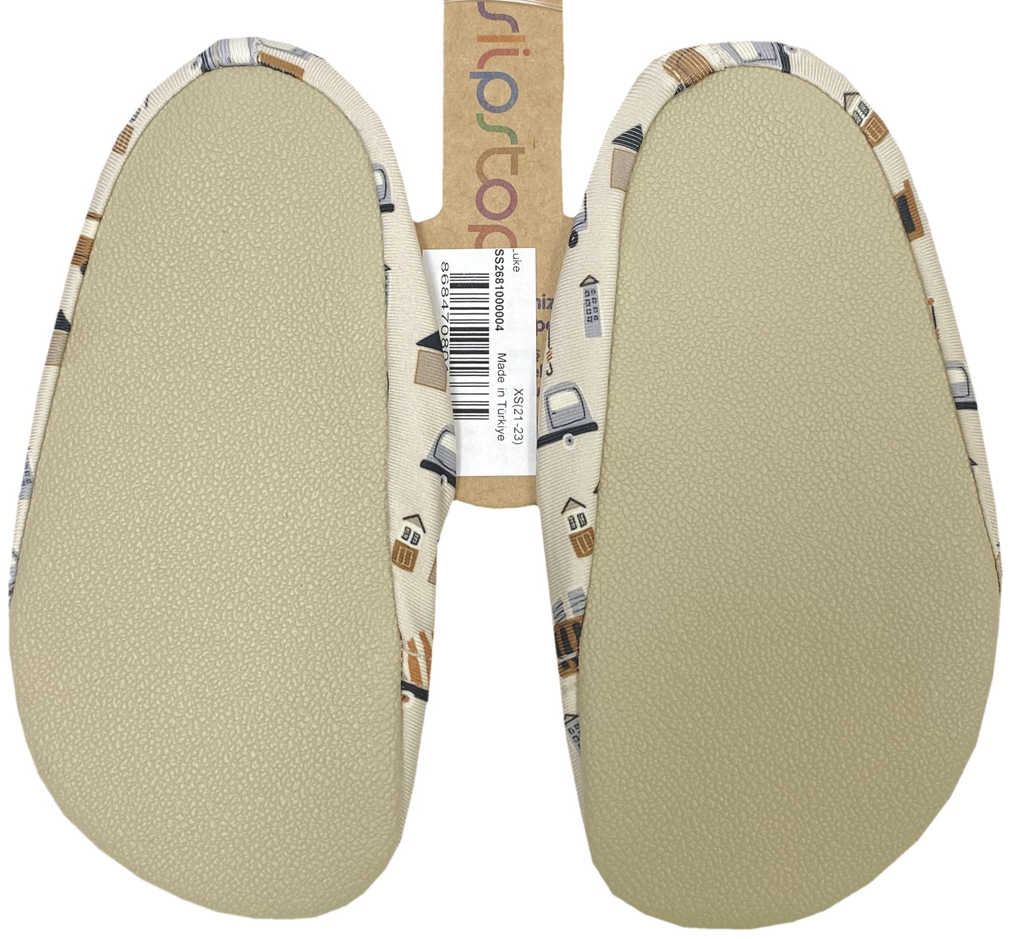 Slip Stop Badeschuhe / Turnschläppchen Barfußschuhe *Luke / Baustellenfahrzeuge auf Beige *