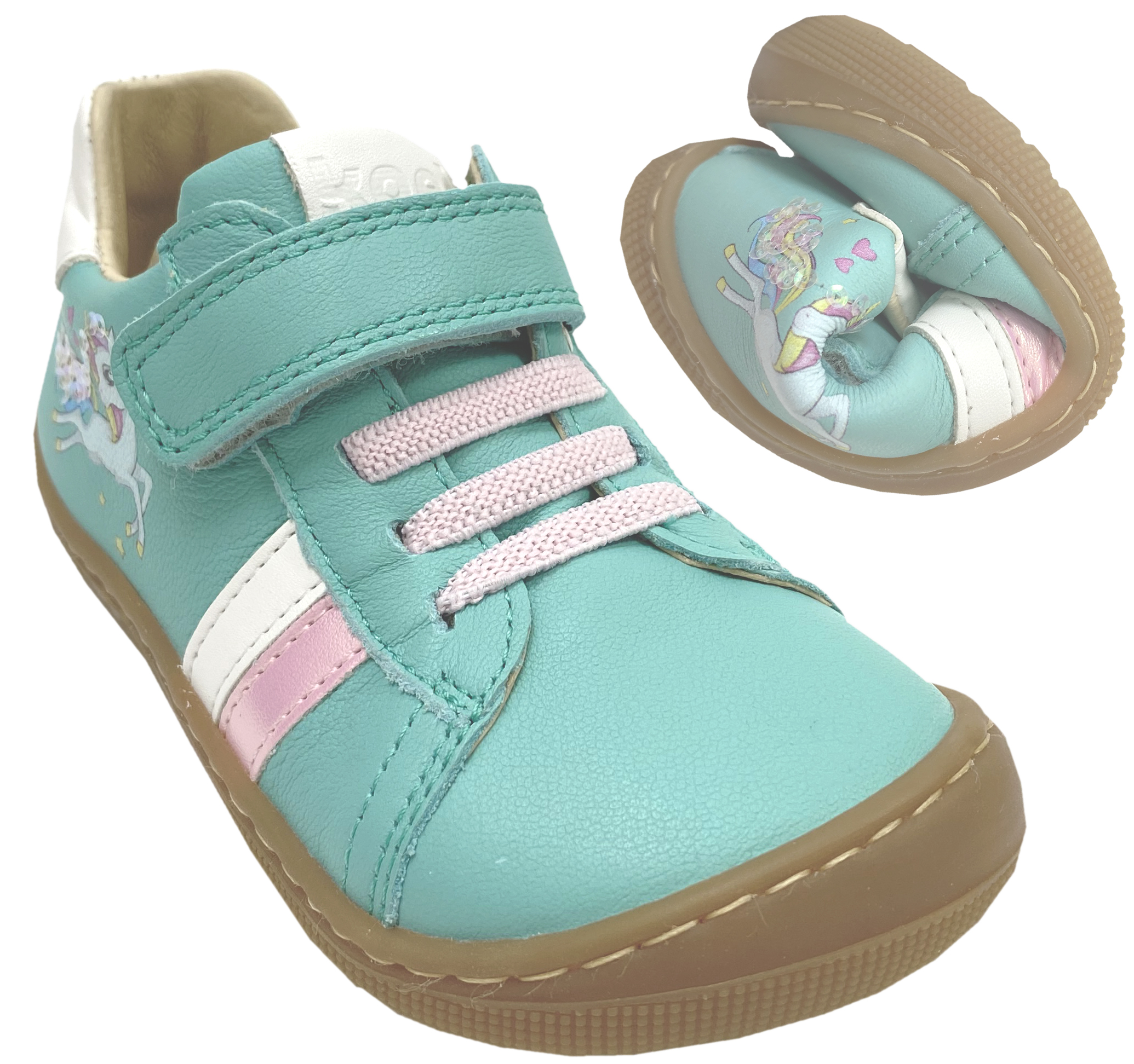 Low Top Barfuß Sneaker * DAKOTA * Glattleder in Mint *Einhorn Print * v. KOEL 07M058.101