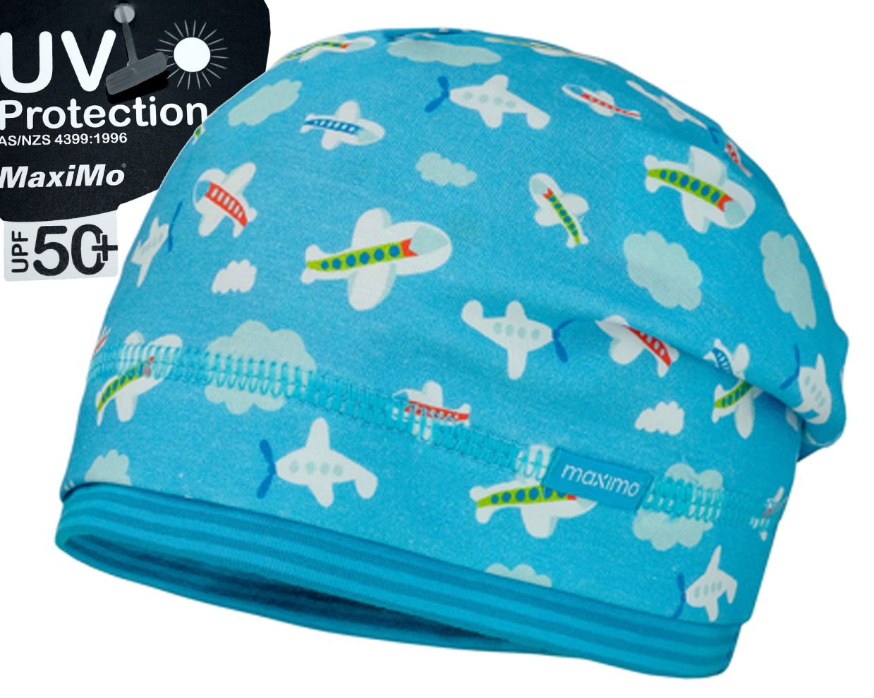 Short Beanie in Hellblau mit kleinen Flugzeugen Allover UV 50+ von MAXIMO für Jungen 997700