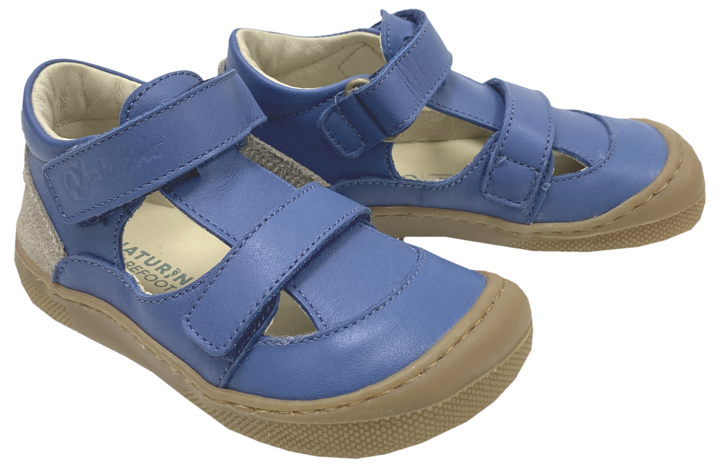Halbsandale / Minimalschuhe aus Leder mit Doppelklett von NATURINO Barefoot "IRTYS" in Azure Taupe