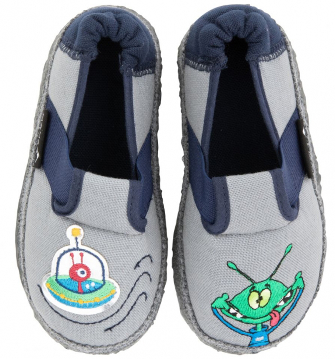 Weiche Hausschuhe aus Baumwolle + Naturgummi Sohle in Grau / Marine mit UFO von NANGA