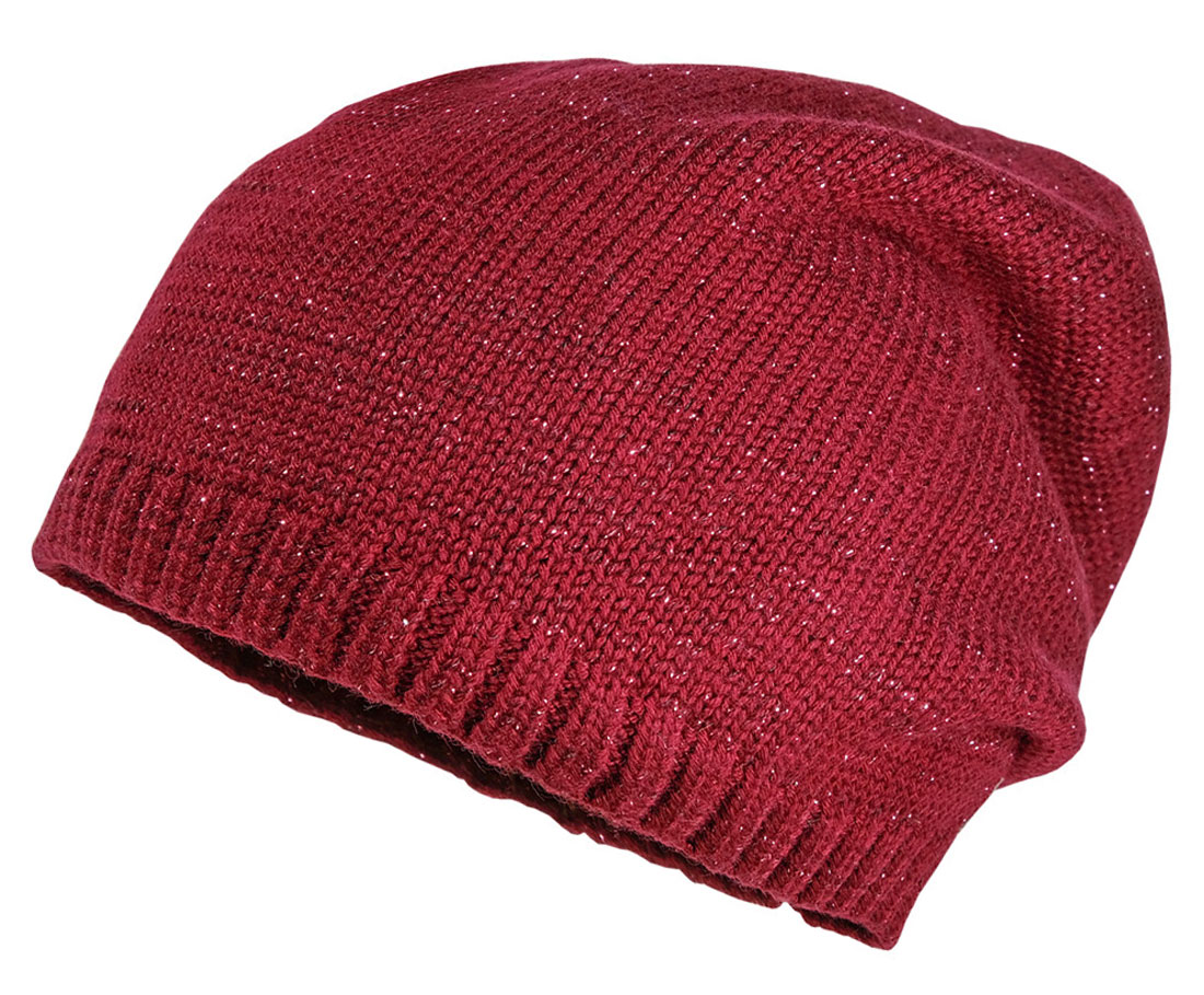 Schlichtes Strickbeanie aus leichtem Glattstrick in Weinrot Glitzer von MAXIMO 967600