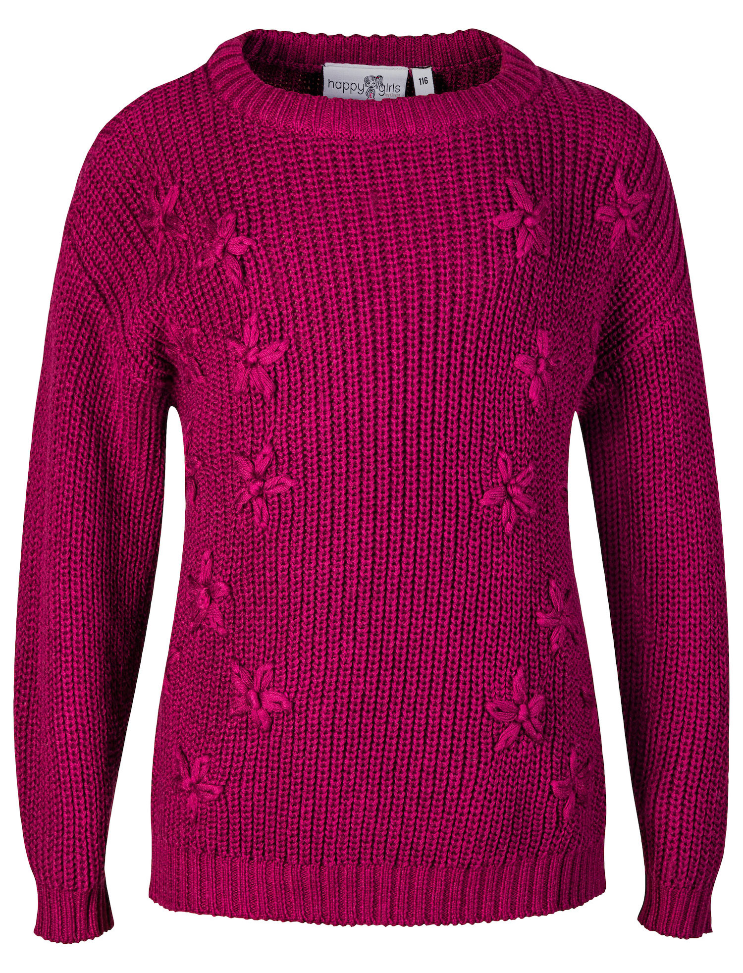 Weicher Strickpullover in Berry / Weinrot mit Blüten verziert von HAPPY GIRLS 313300