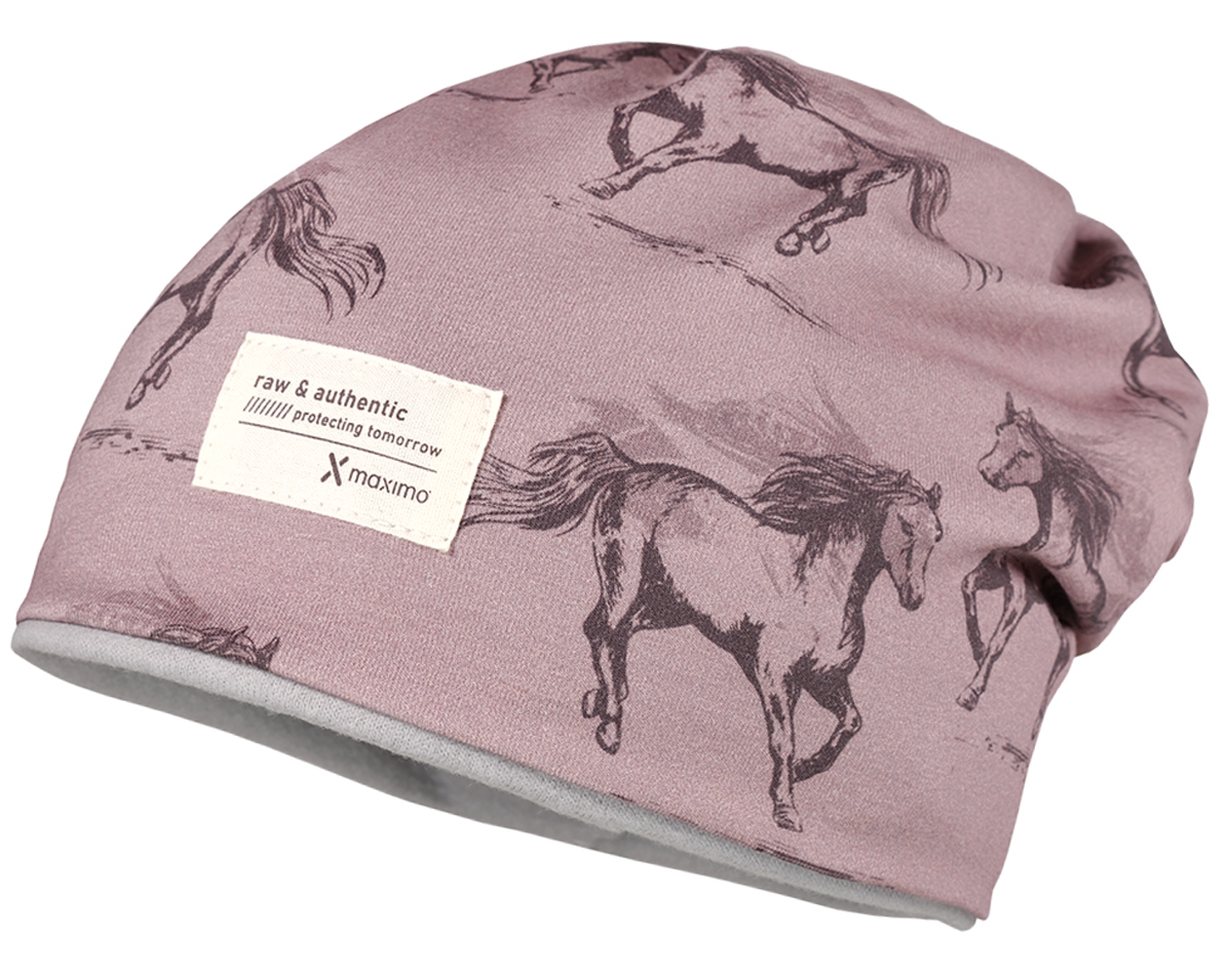 Jersey Beanie mit BW Fleece Futter, in Mauve mit Pferde Print Allover von MAXIMO 110700