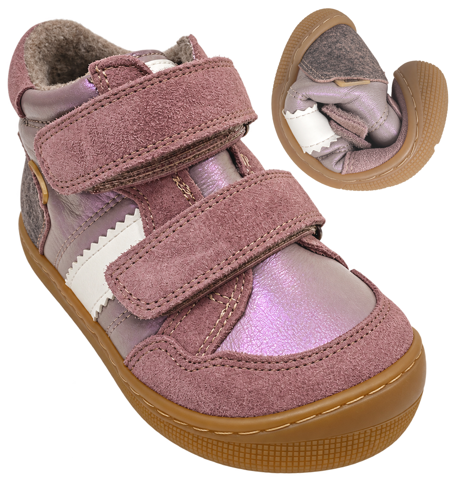 Leder Barfußschuhe Wollfleece Futter + TEX v. KOEL Barefoot *DOURO TEX * Old Pink / Altrose Glitzer 07T063.153