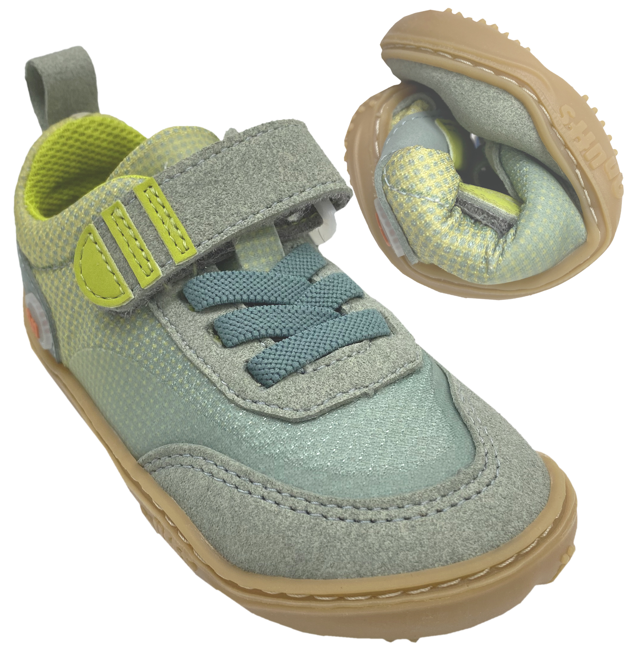 Vegane Barfuß Sneaker mit Klett & Zierschnürung von QNUFFS by Ricosta  *Fichte* in River Grün