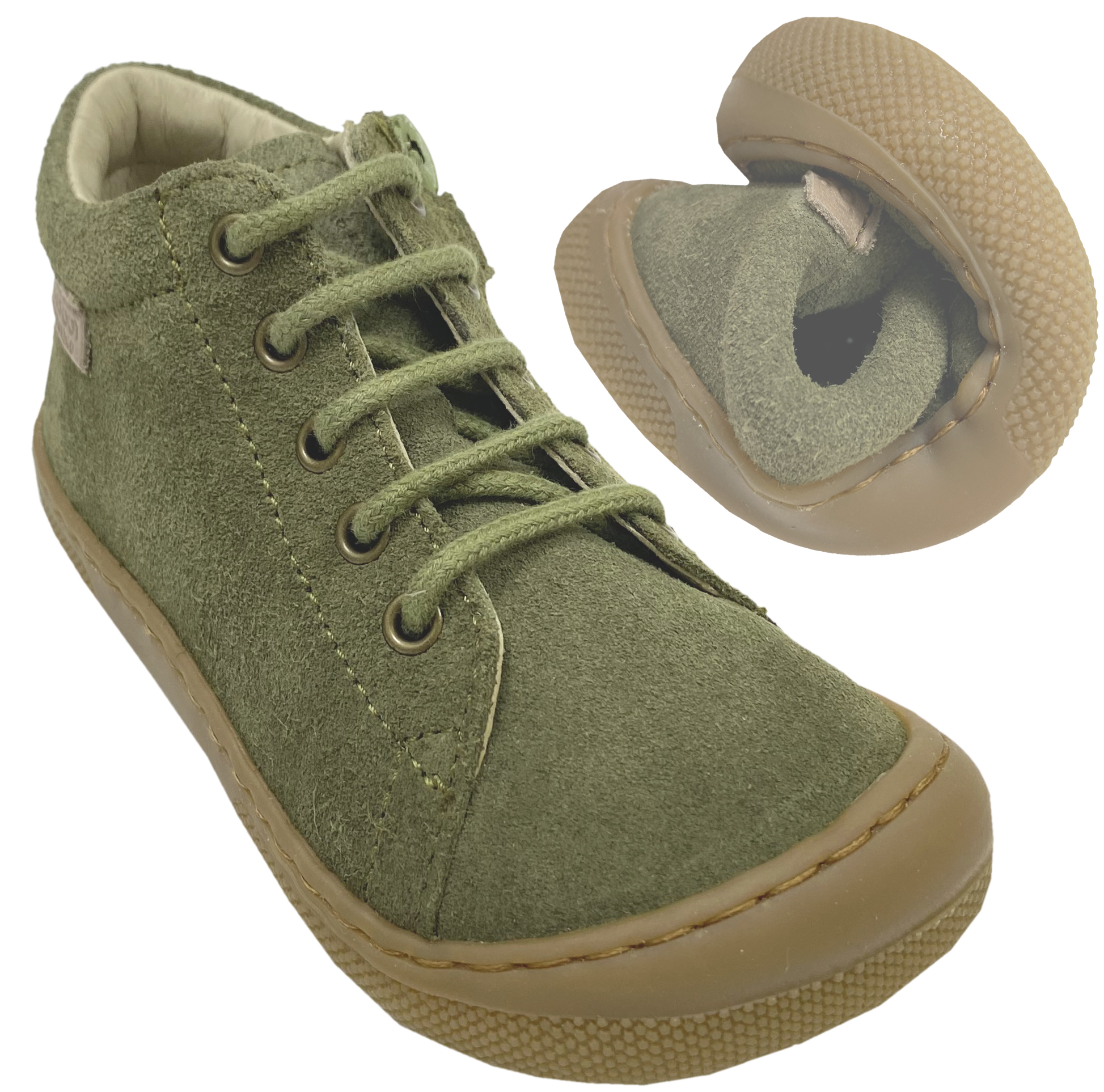 Knautschig weiche Barfußschuhe aus Leder, Schnürer + Zip NATURINO Barefoot *AMUR in Khaki Grün *