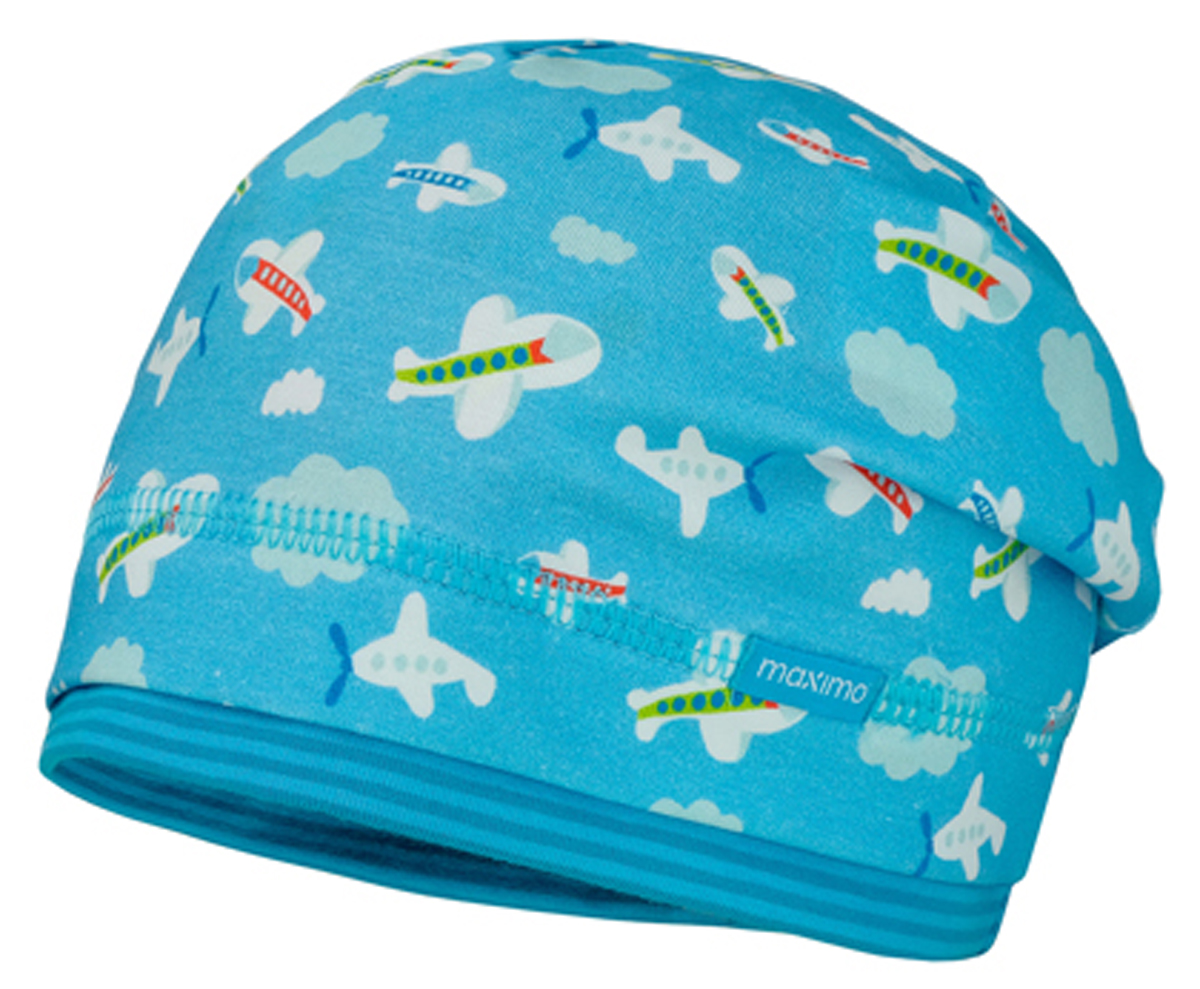 Short Beanie in Hellblau mit kleinen Flugzeugen Allover UV 50+ von MAXIMO für Jungen 997700