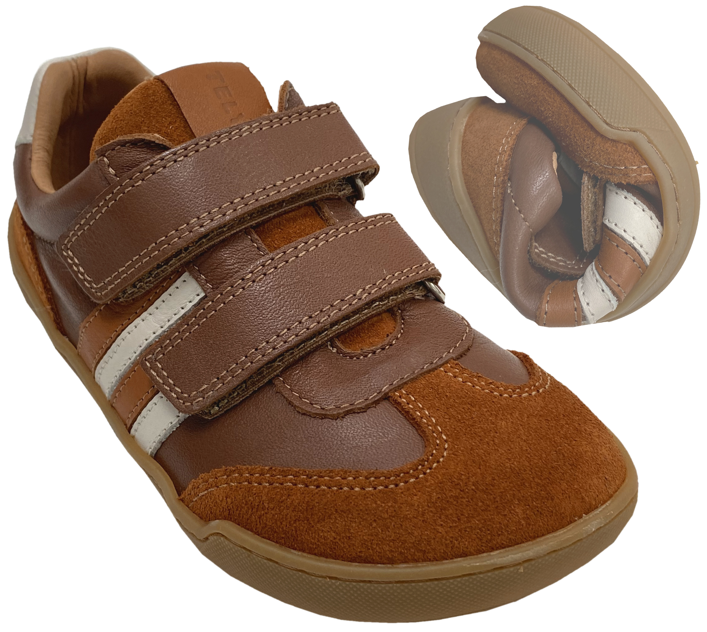 Leder Sneaker / Barfußschuhe + seitliche Zierstr. mit Doppelklett in Hazelnut / Weiß von TELYOH Barefoot / Runner