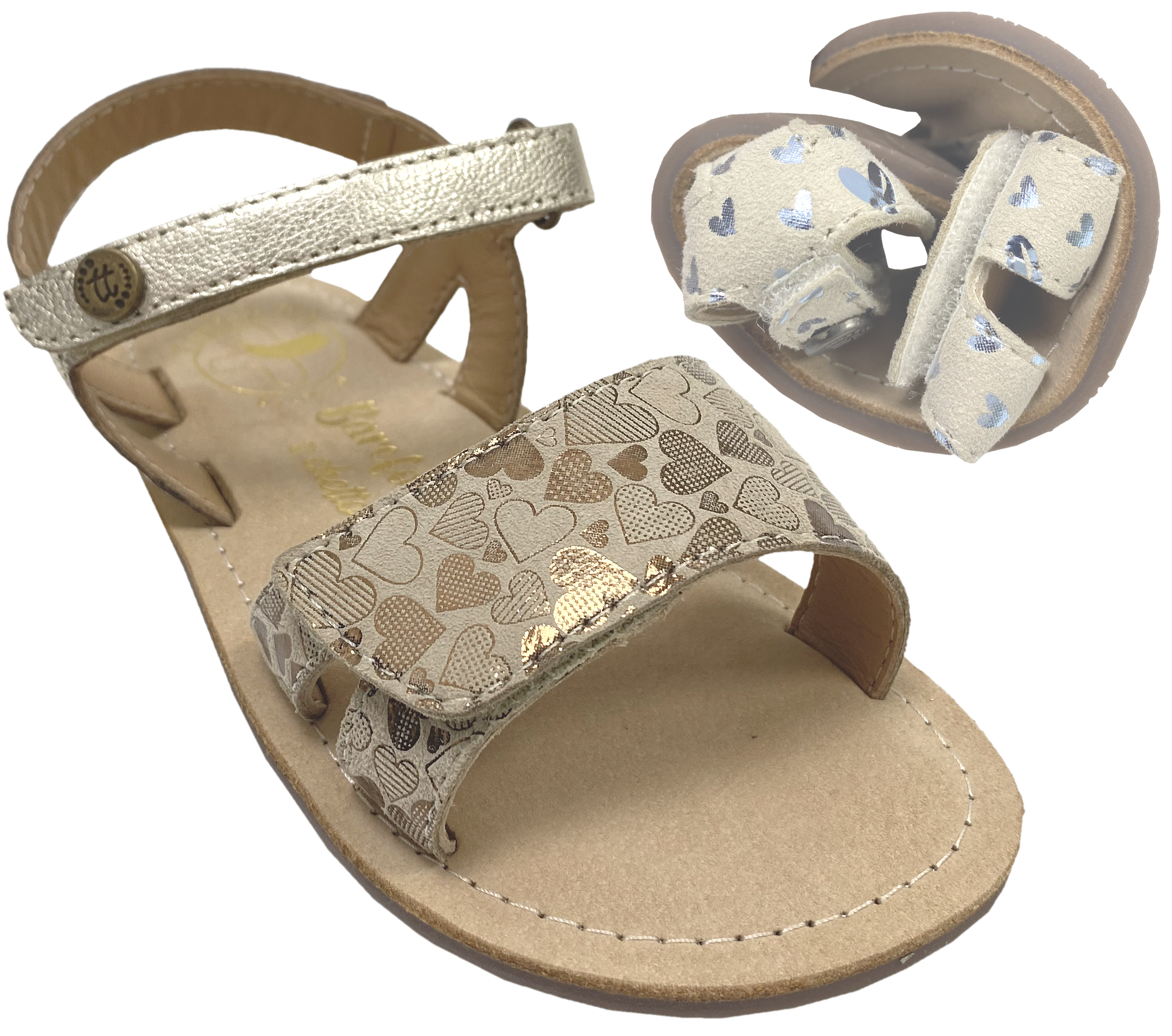 Sandale mit Minimalsohle /Barfuß Sandale Beige mit Goldenen Glitzerherzchen CHETTO Barefoot 1126020