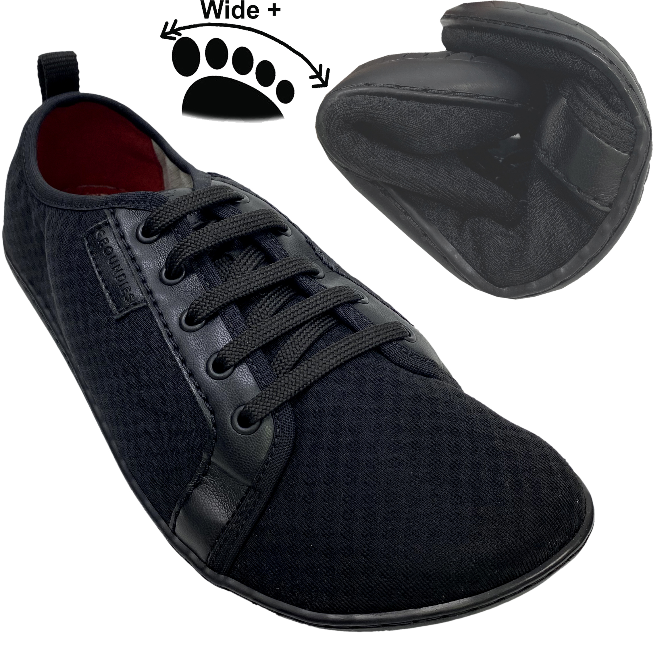 Luftig leichte Barfußschuhe in SCHWARZ Modell FLEX+ von GROUNDIES auf der GO1 Barefoot+Sohle