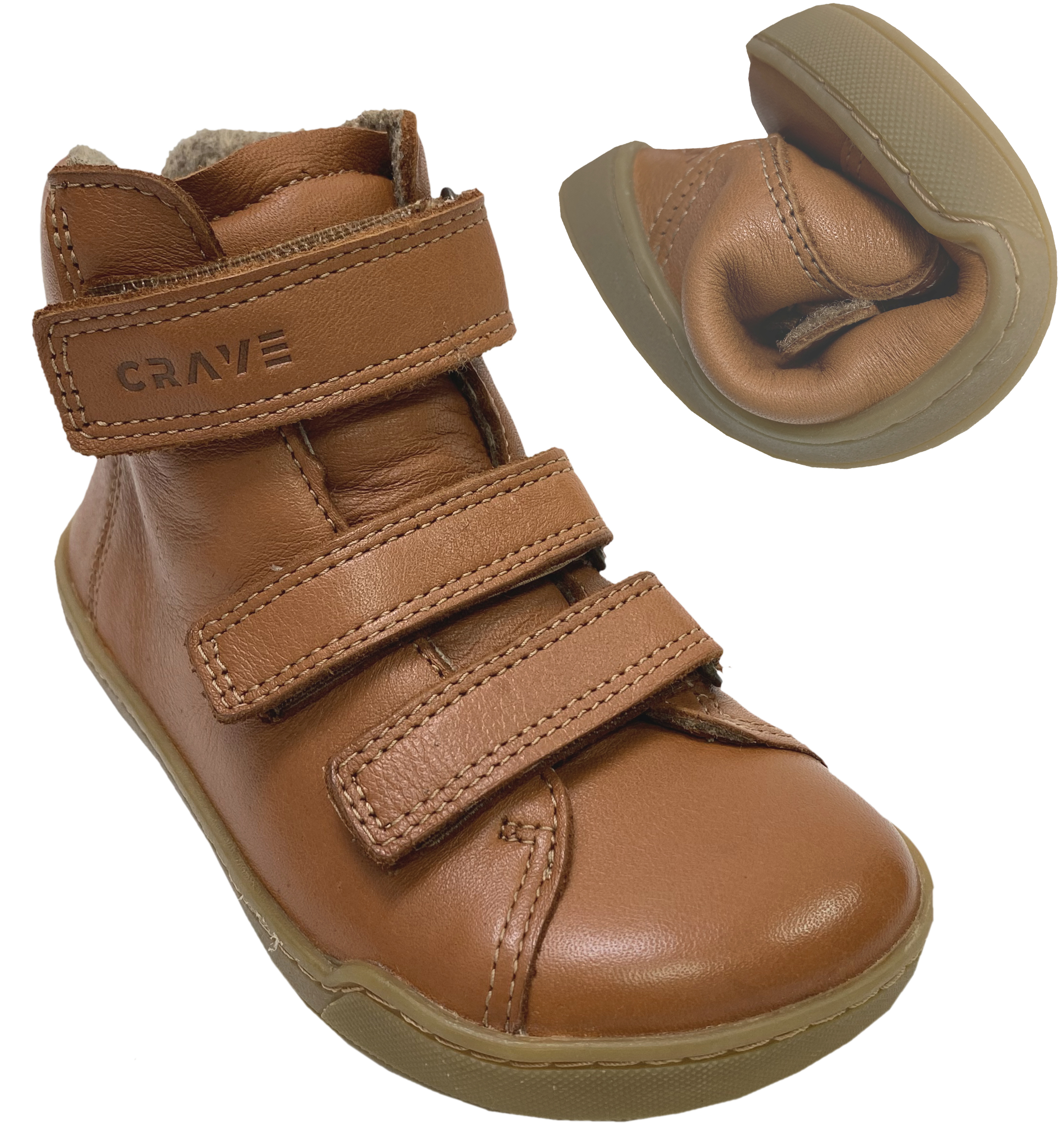 Halbhohe Barfußschuhe / Stiefel aus Glattleder in Cognac mit Wollfilz Futter von CRAVE Snowfield