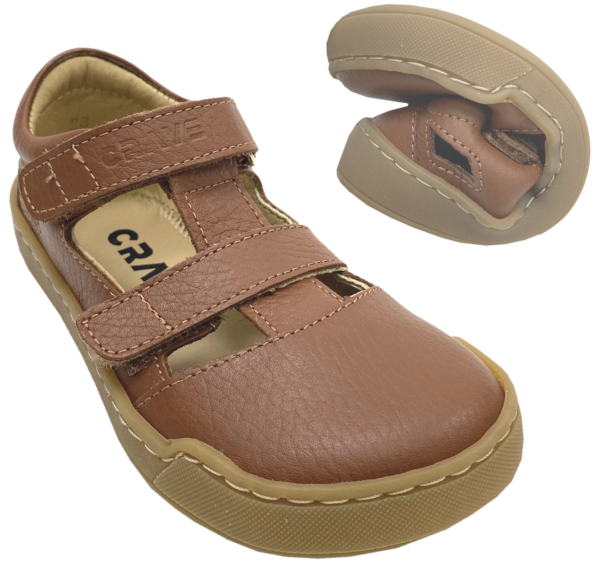 Schlichte Halbsandale / Barfußschuhe aus Leder in Cognac Braun von CRAVE Modell Shellwood