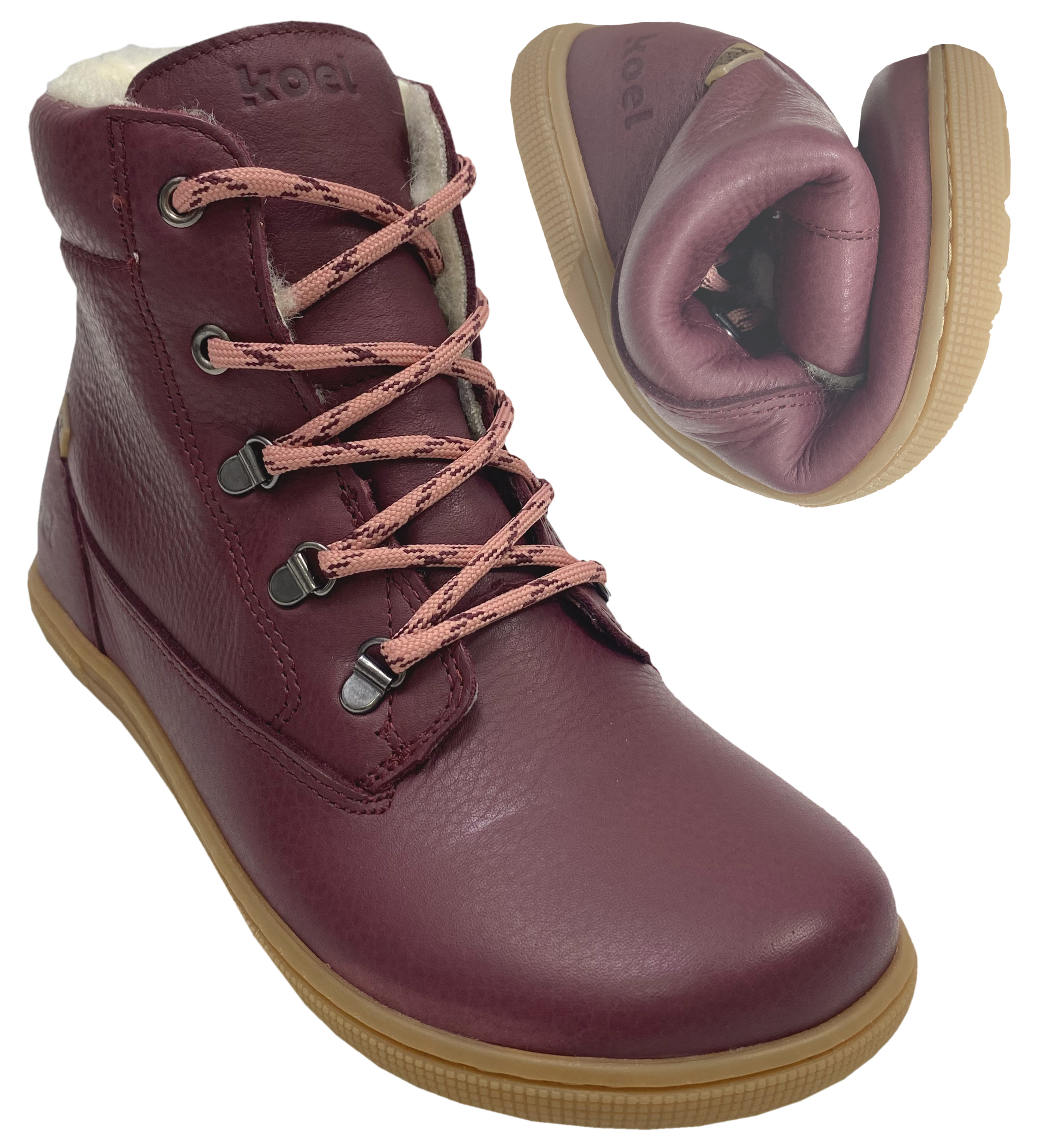 Derber Vollleder Winterstiefel mit Schurwollfutter von KOEL Barefoot *DRY Hidro* Bordo Rot 08T021.23