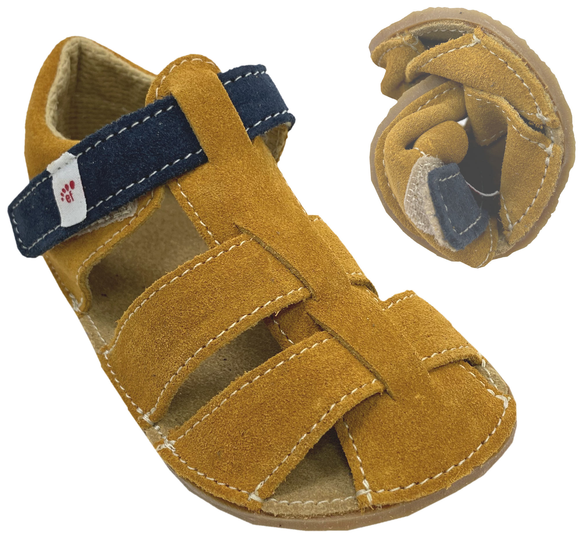Riemchensandalen / Barfußsandalen Leder + 3mm Krepp Sohle in Senfgelb / Blau von EF BarEFoot