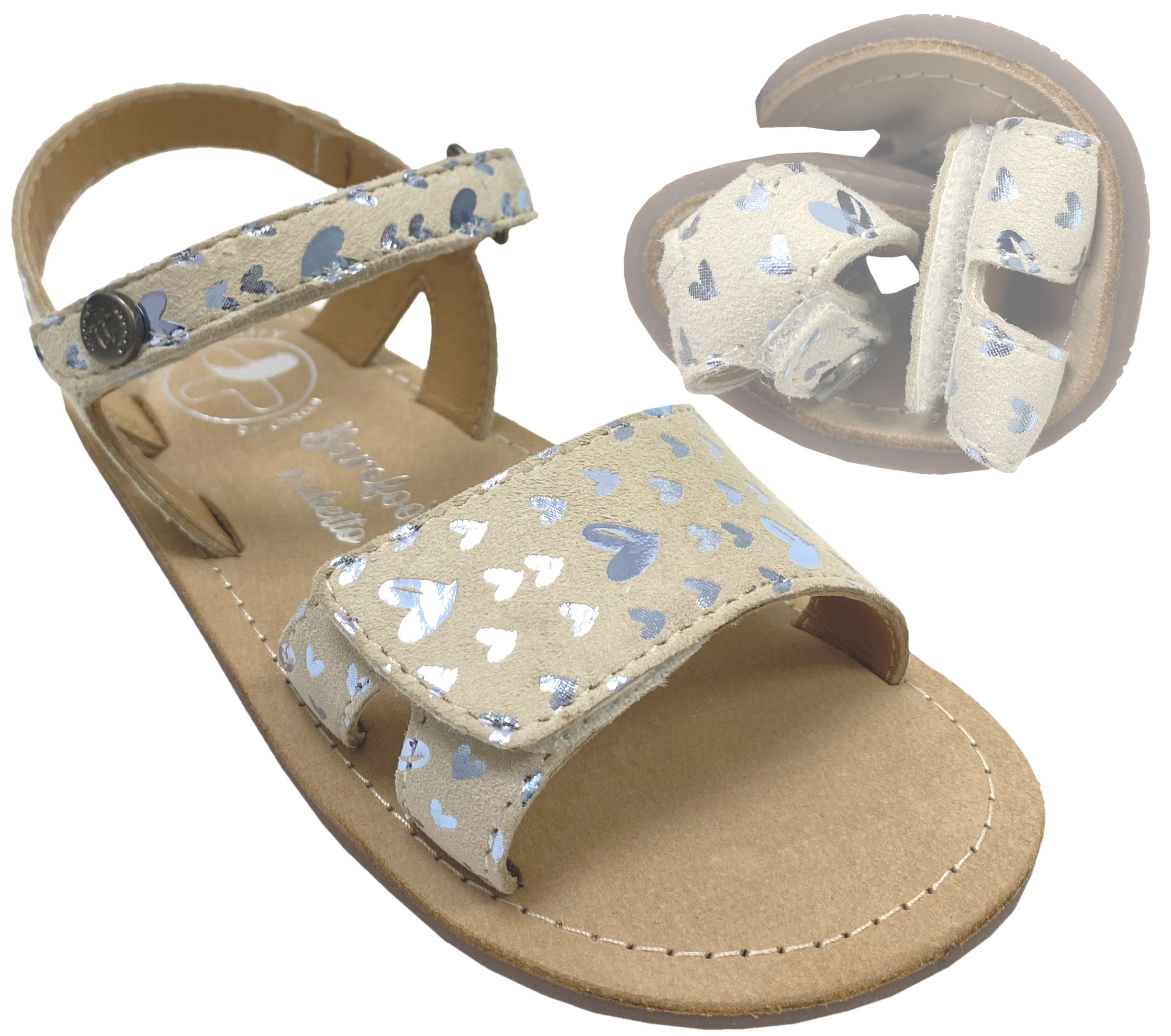 Sandale mit Minimalsohle /Barfuß Sandale Beige mit Silbernen Glitzerherzchen CHETTO Barefoot 1126020