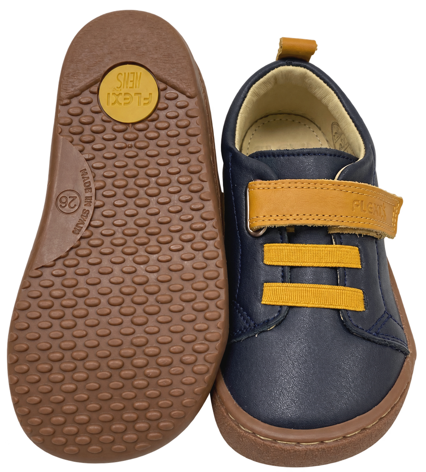 Leder Sneaker / Barfußschuhe von FLEXI NENS in Marine / Ocker Gelb mit Klett & Zierschnürung 9006-R