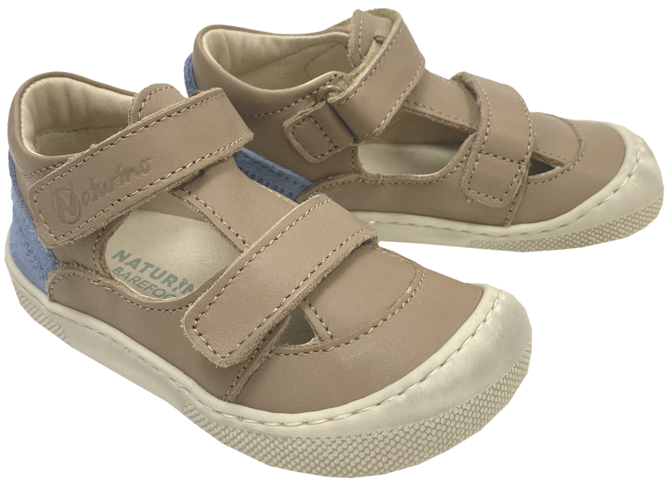 Halbsandale / Minimalschuhe aus Leder mit Doppelklett von NATURINO Barefoot "IRTYS" in Sand - Celeste