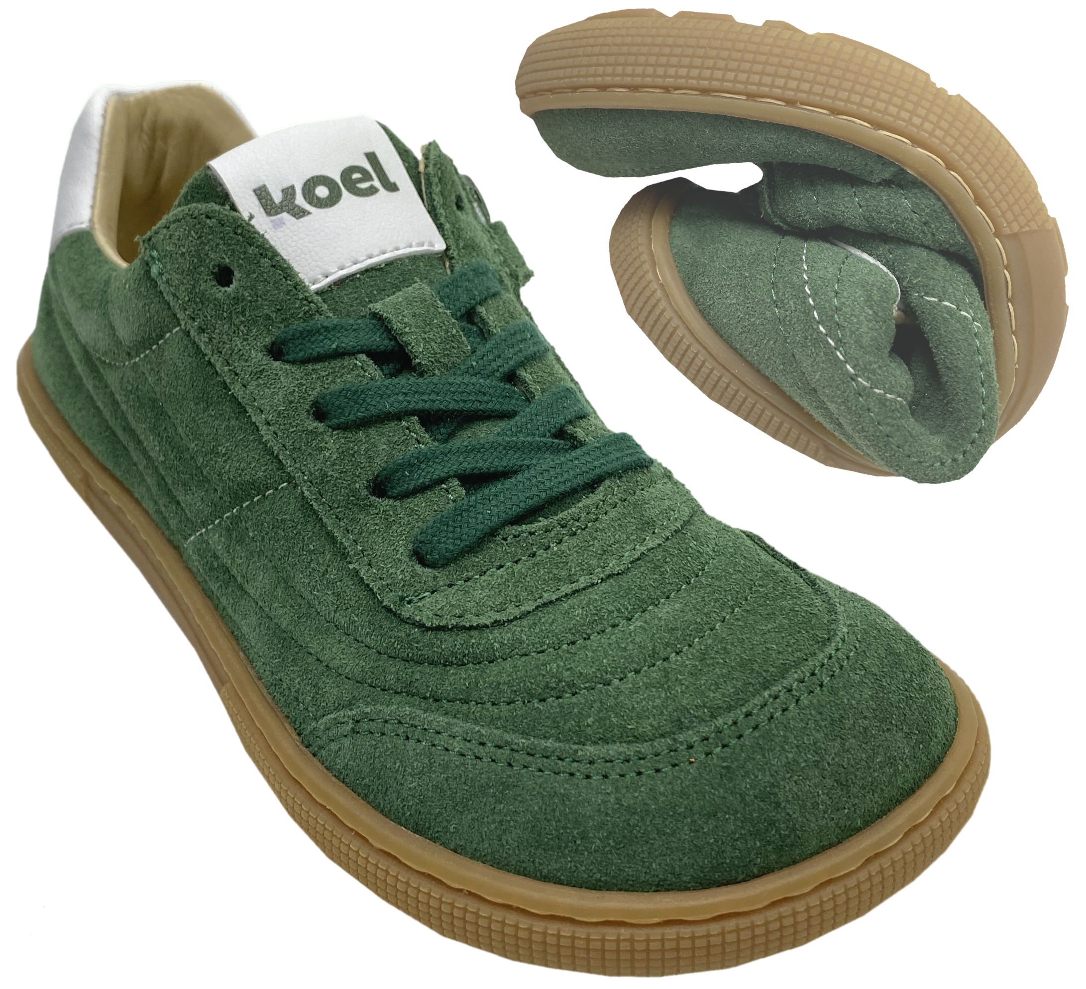 Barfuß Sneaker DUSTIN Suede Leder Khaki/Grün Schnürer + Reißverschluß von KOEL Barefoot 08M051.301