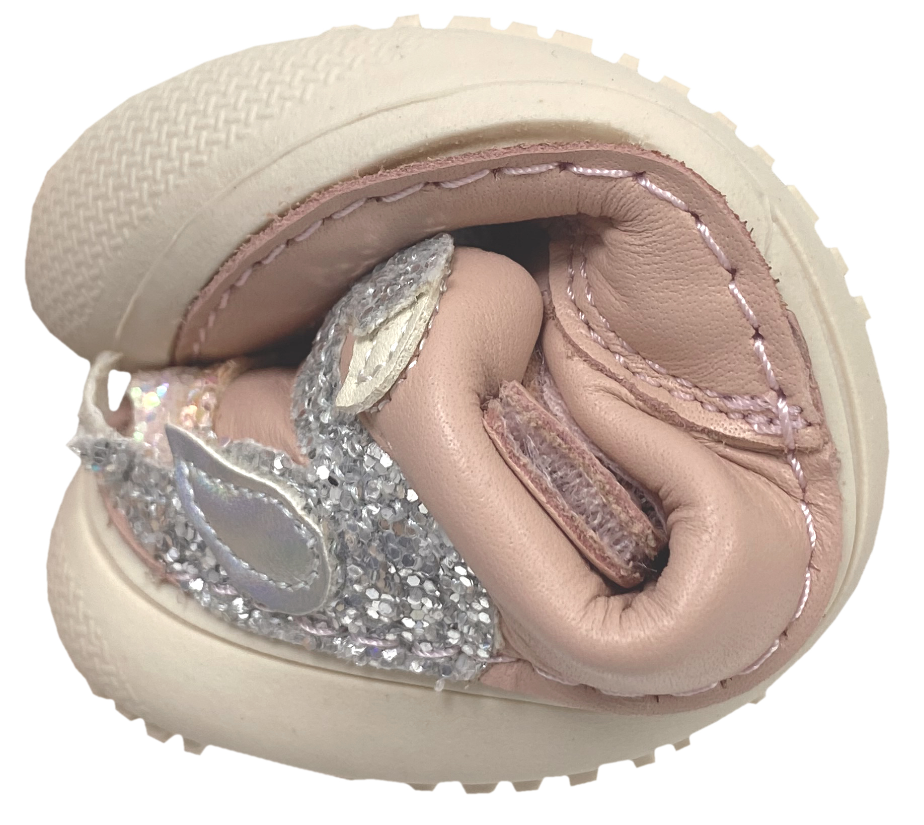 Leder Sneaker, knautschige Minimalsohle, Glitzer Stick Schwan auf Rose von D.D.Step Barefoot