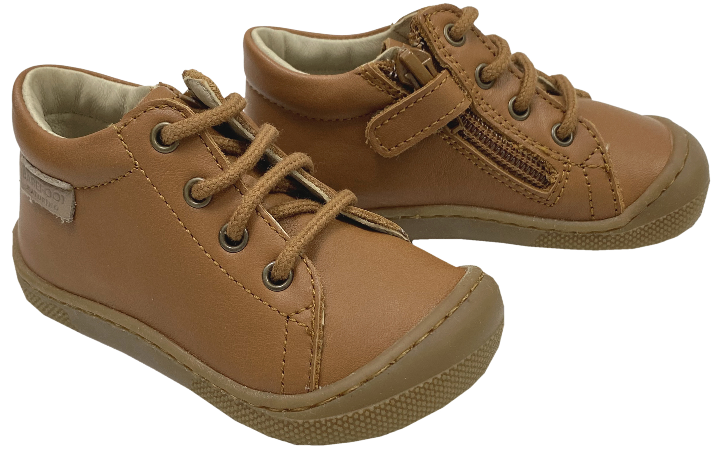 Lederschuhe mit Schnürung & Zipper aus weichem Leder von NATURINO Barefoot * Amur in Cognac *