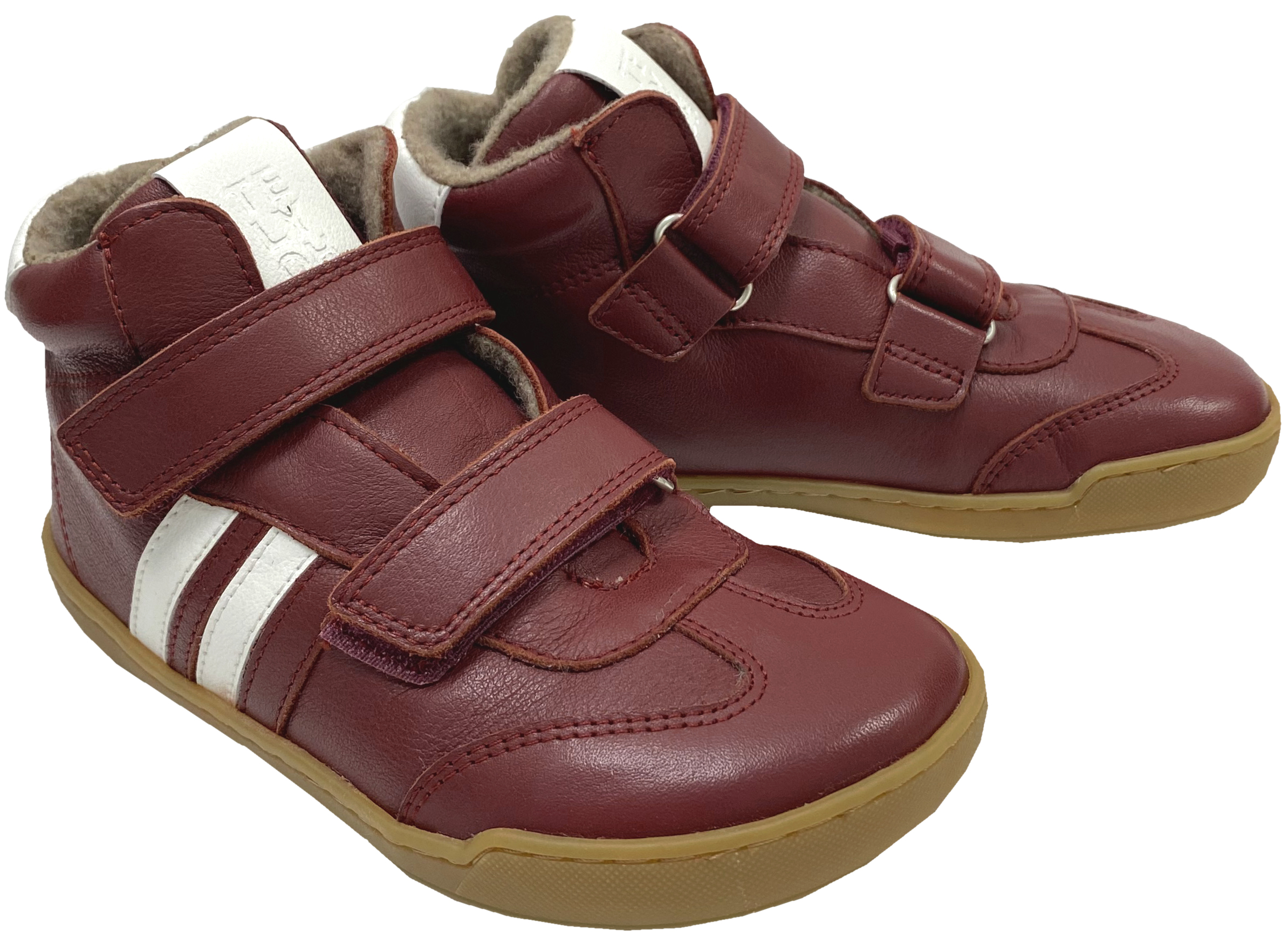 Mid Top Lederschuhe, Doppelklett & Wollfleece Futter v. TELYOH  Barefoot Runner Stripes in DKL Rot