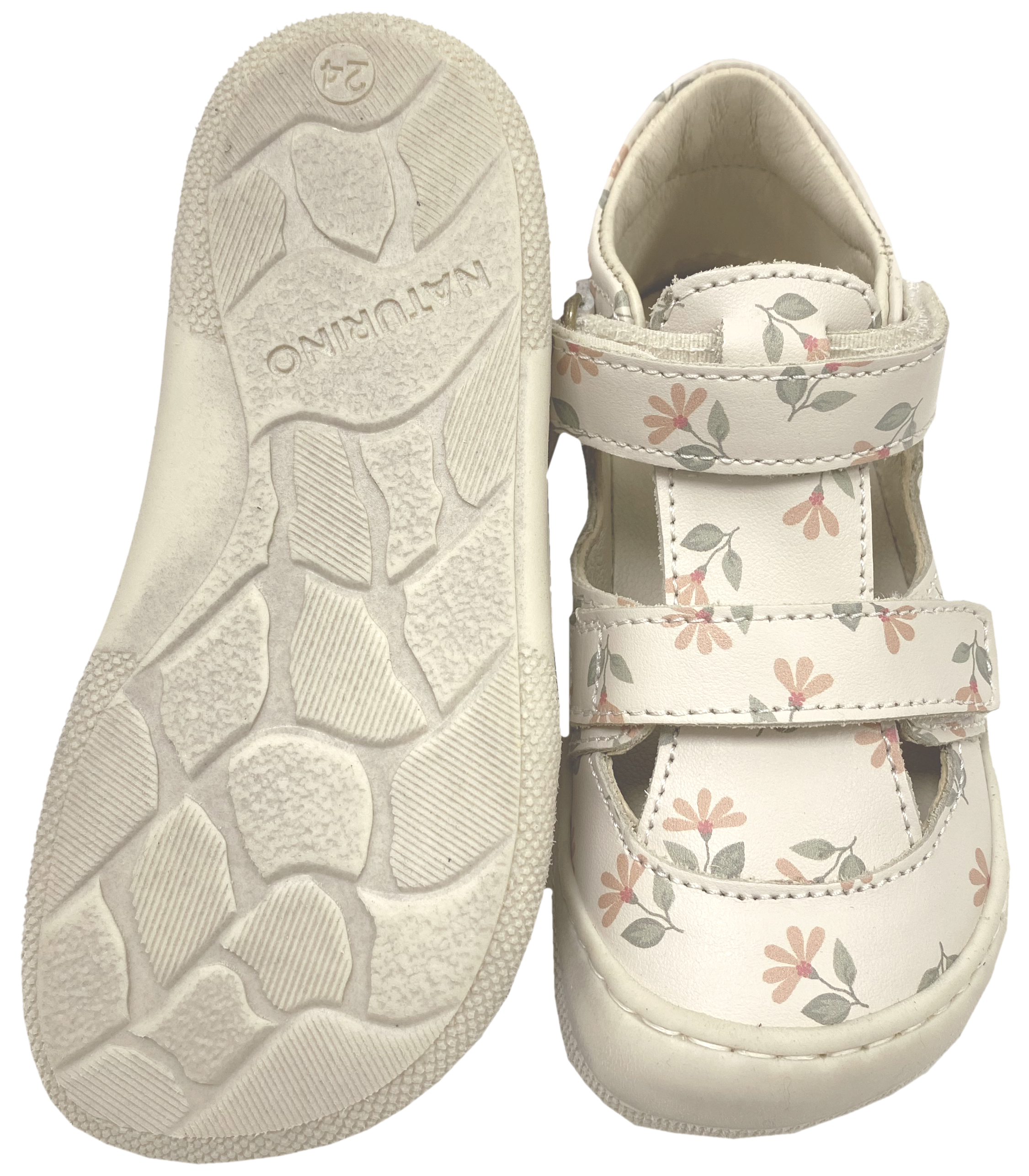 Halbsandale / Minimalschuhe aus Leder + Doppelklett NATURINO Barefoot "IRTYS" Creme mit Blüten Muster