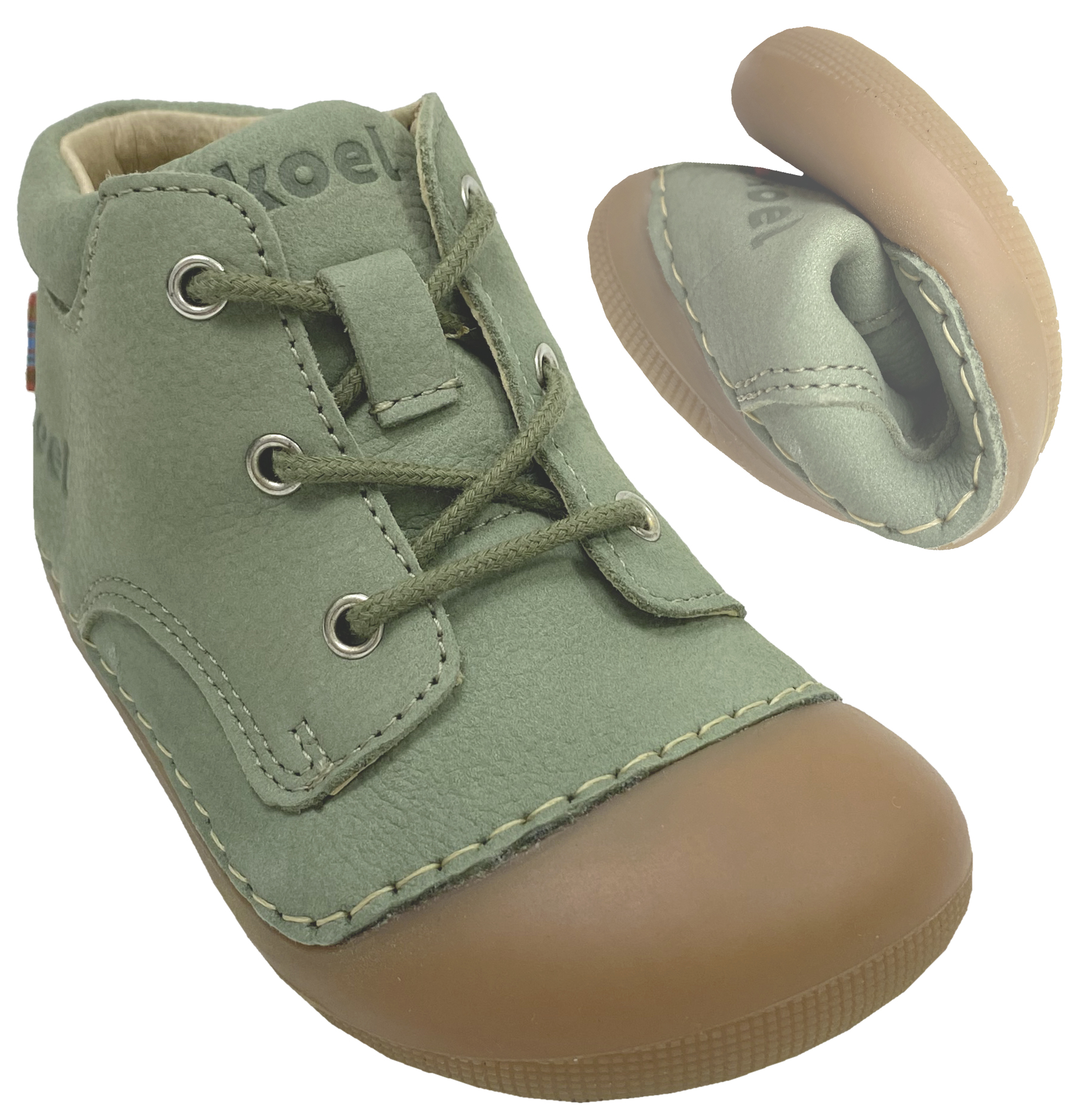 Knautschige Laufanfänger Barfußschuhe Hydro Leder in Oliv, Schnürer von KOEL Averiy 09M001.121