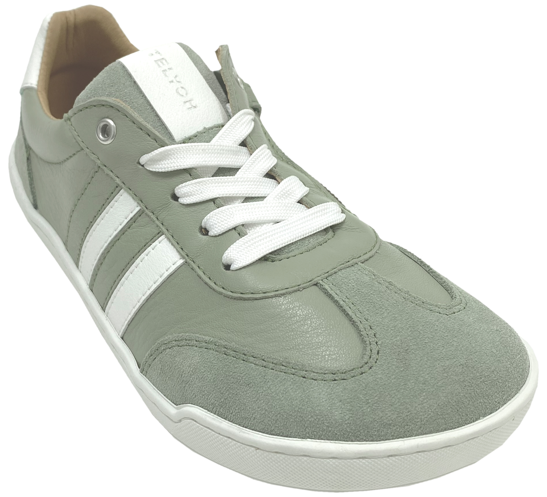 Leder Sneaker / Barfußschuhe + seitliche Zierstr. Schnürer & Zipper in Sage Grün / Weiß von TELYOH Barefoot / Runner