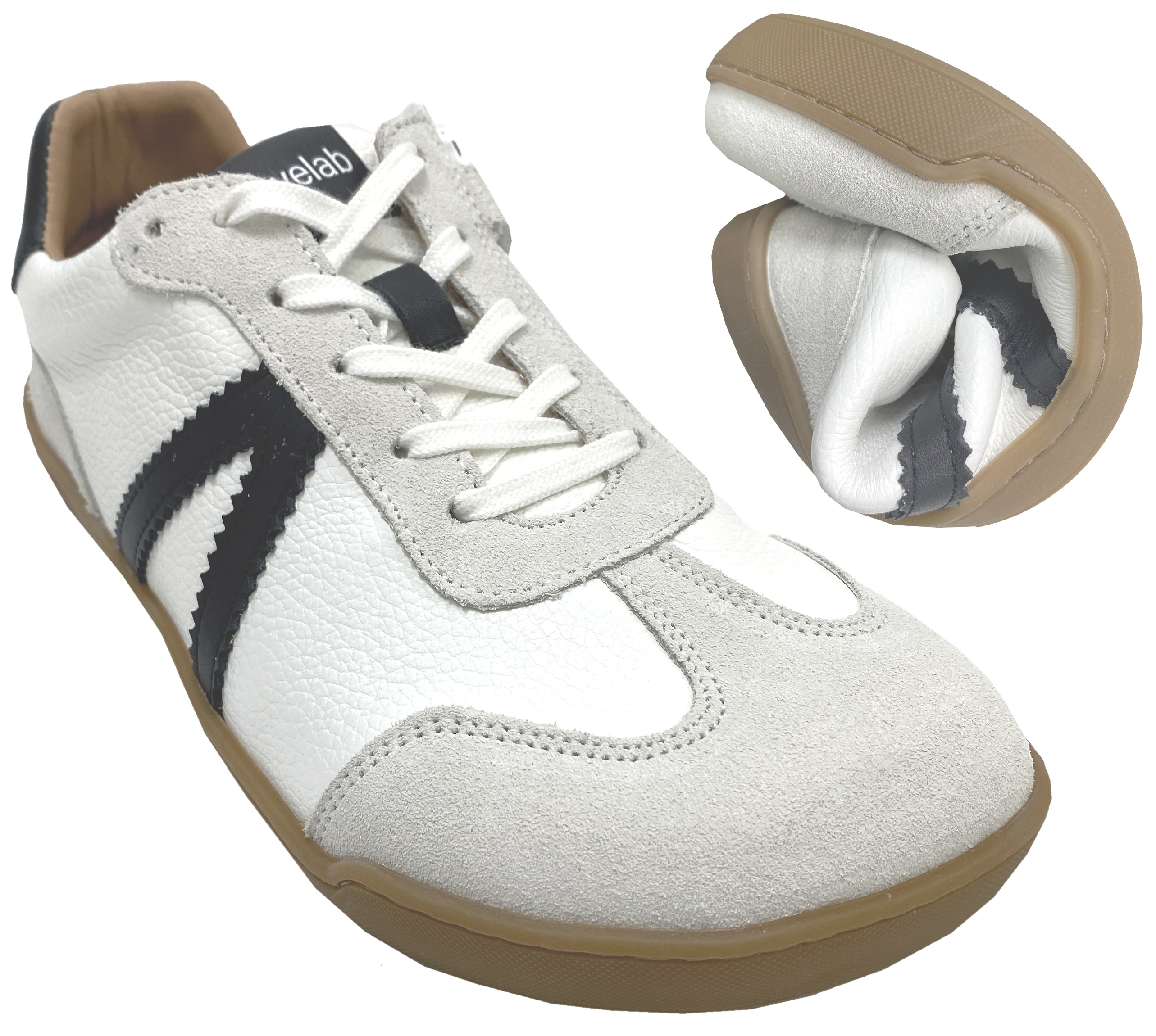 Sportlich lässige Leder Sneaker in Weiß / Navy, Barfußschuhe für kräftige Füße von DEVELAB 43041