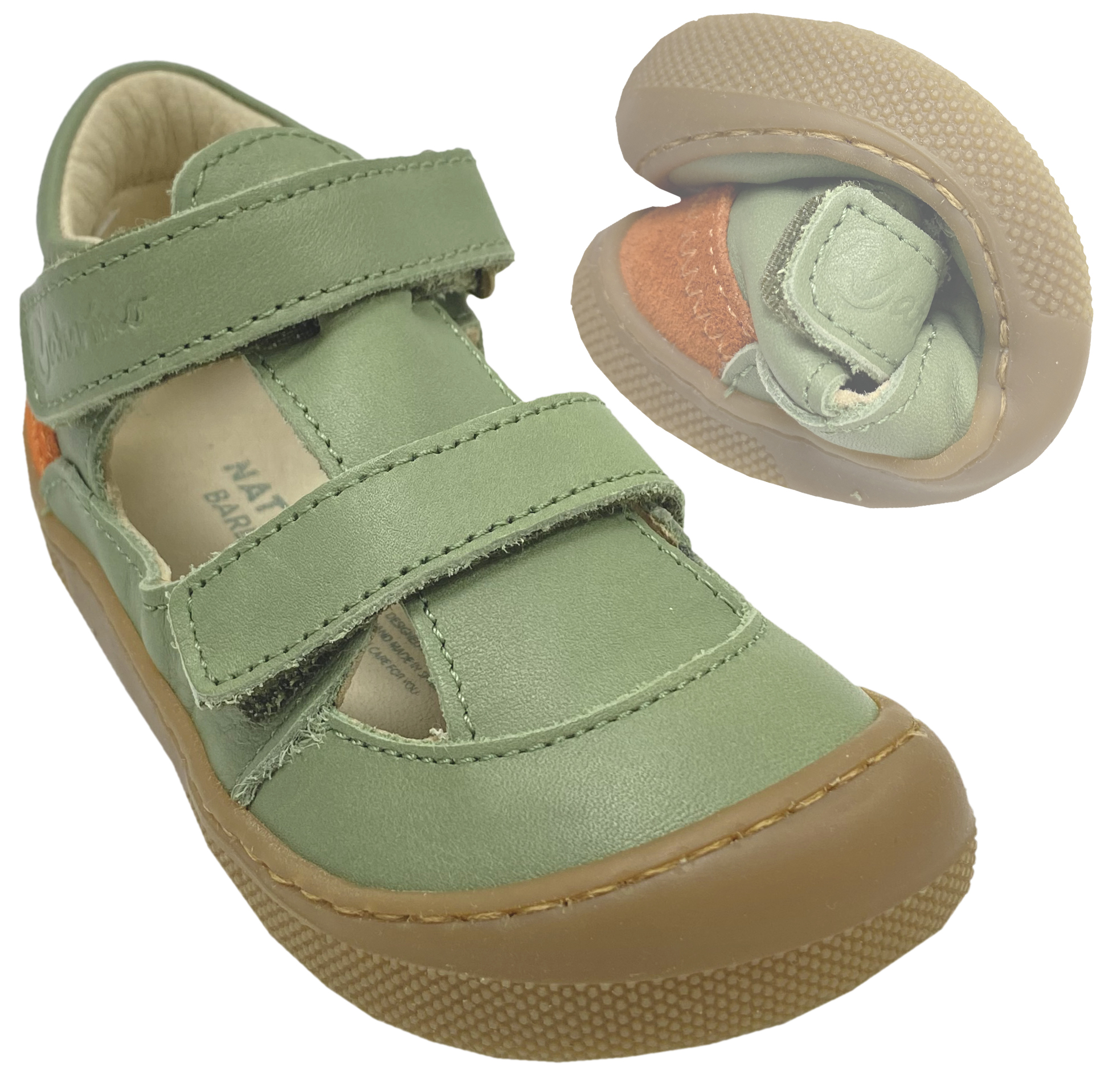 Halbsandale / Minimalschuhe aus Leder mit Doppelklett von NATURINO Barefoot "IRTYS" in Leaf (Grün Ton)- Orange