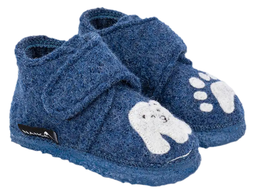 Super flexible Hausschuhe mit Klett, Wolle & Naturgummi Sohle in Blau * Polar Bear * von Nanga