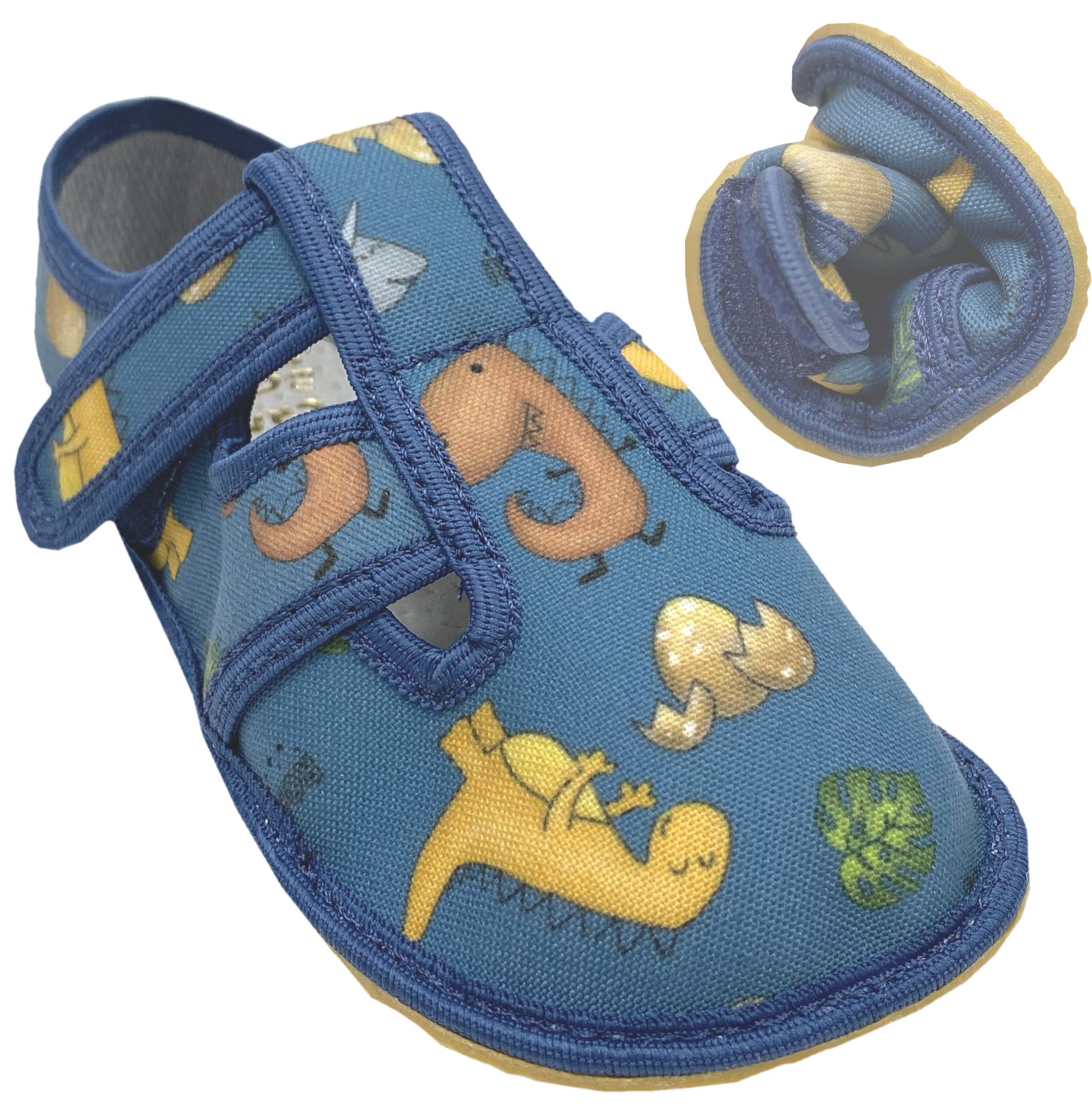 Textil Slipper / Hausschuhe mit Krepp Sohle * bunte DINO`s auf Jeansblau * von CRAVE
