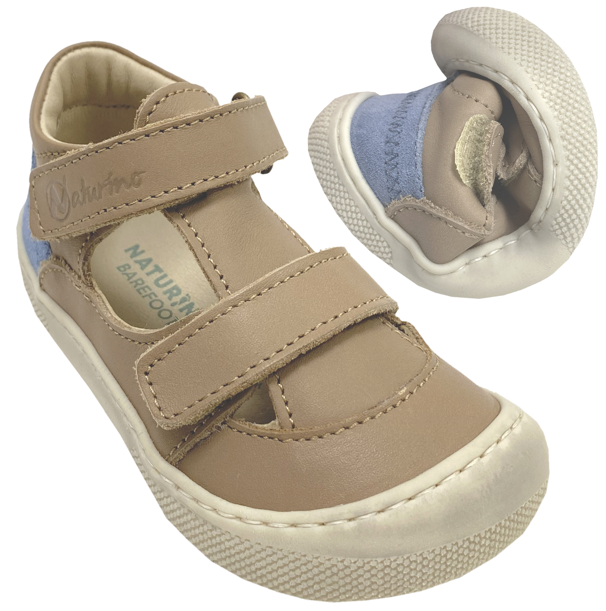 Halbsandale / Minimalschuhe aus Leder mit Doppelklett von NATURINO Barefoot "IRTYS" in Sand - Celeste
