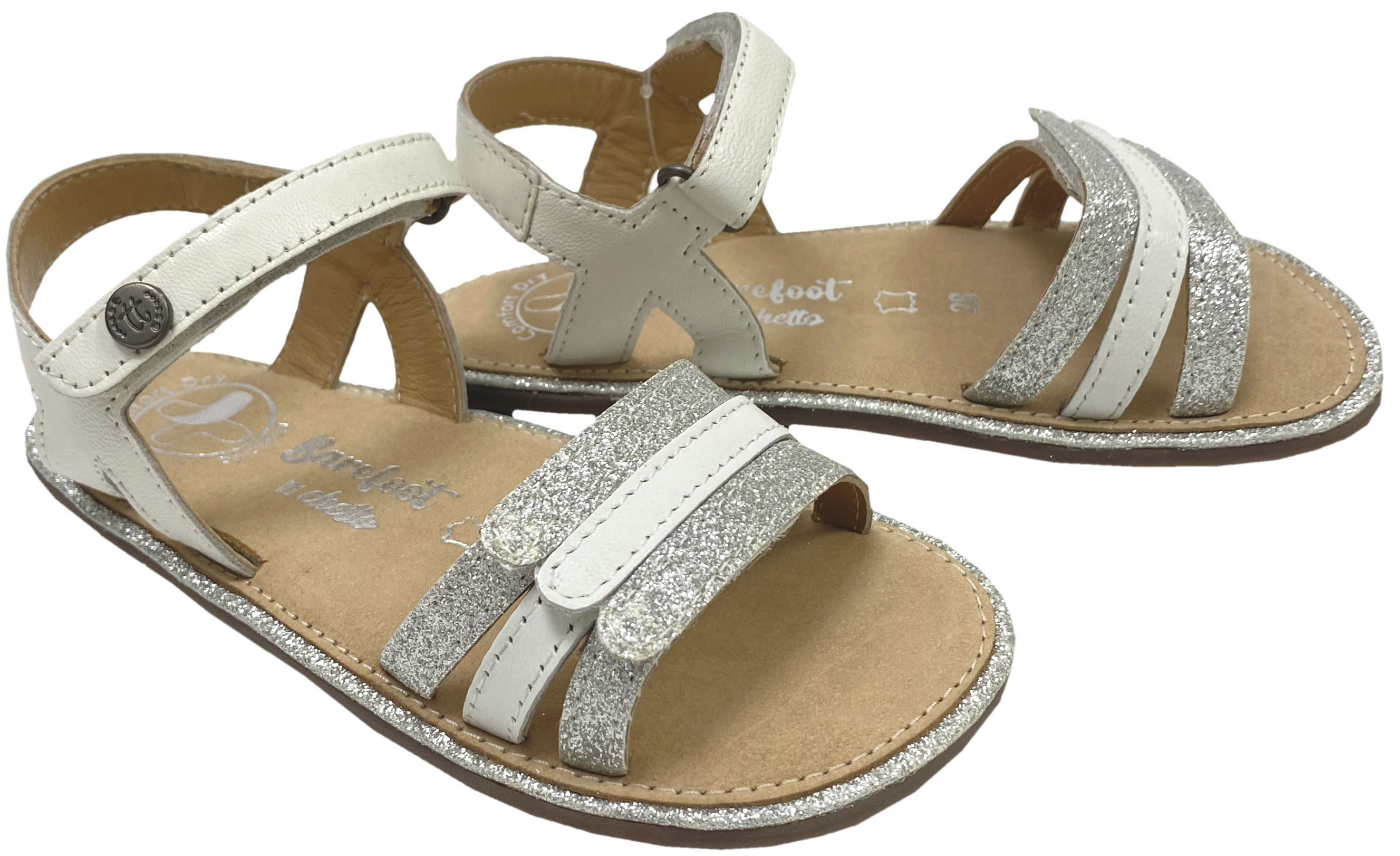 Sandale mit Minimalsohle /Barfuß Sandale Weiß Silber Glitzer von CHETTO Barefoot 1126016