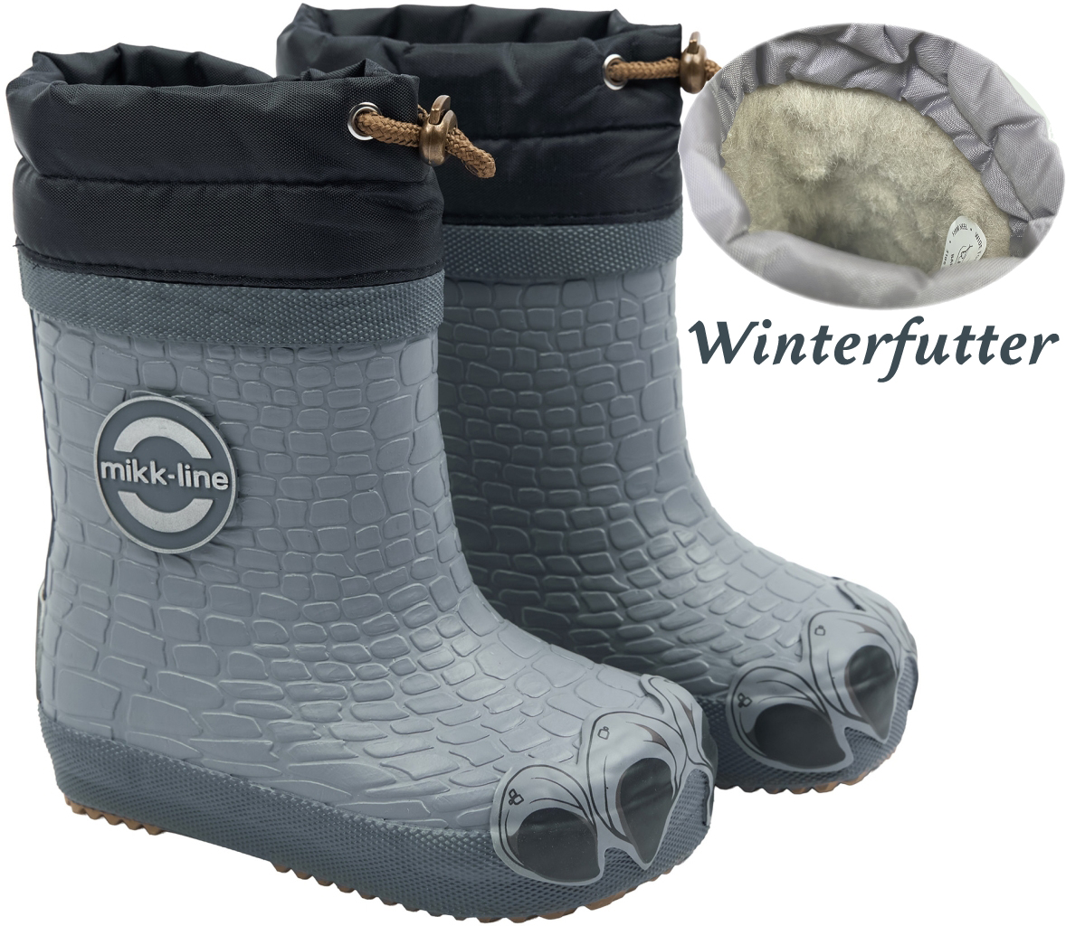 Barfuß Gummistiefel Winterfutter Wollmix Dino Pranken in Matt Blau von MIKK LINE