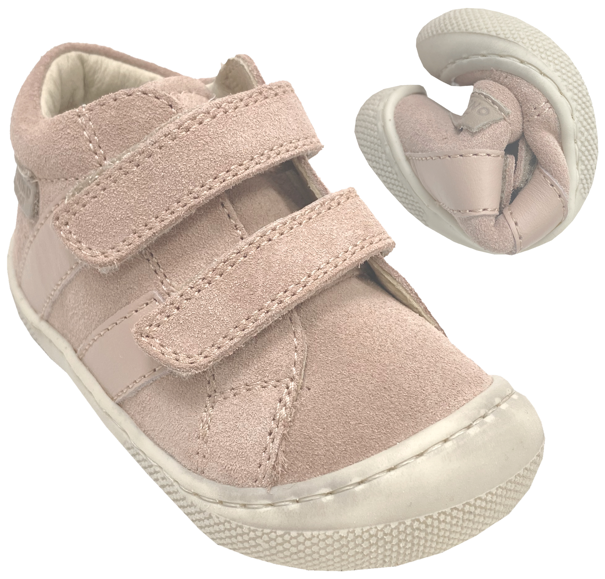 Barfußschuhe aus Wildleder + Lederstreifen & Doppelklett SABBY in Rose-Cipria von NATURINO