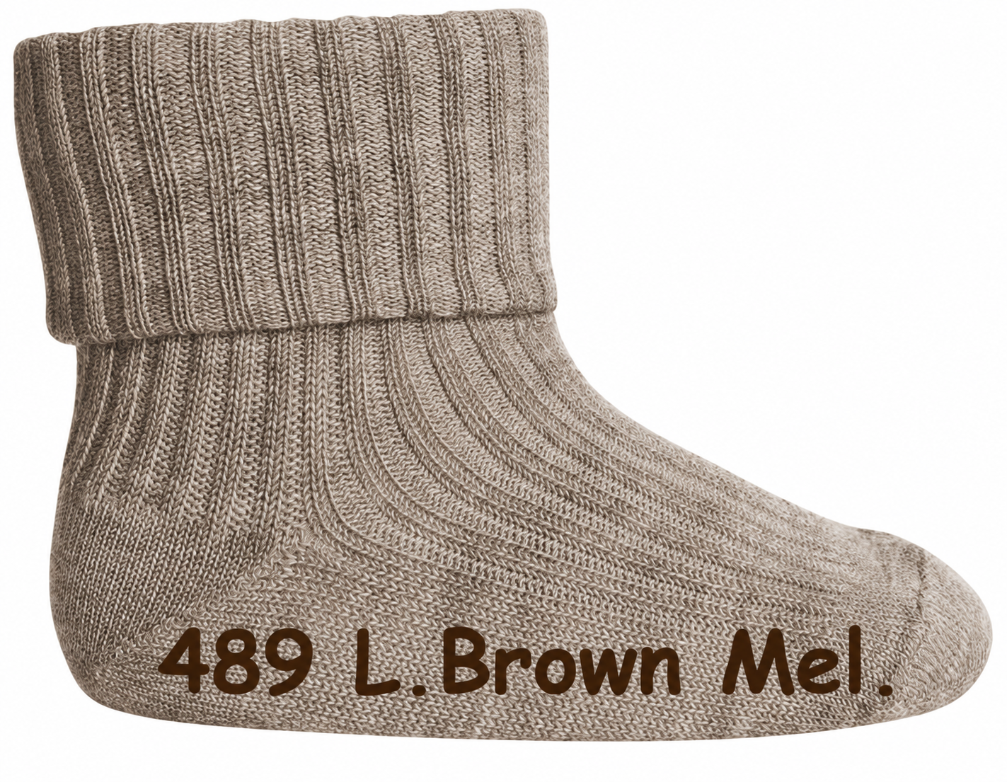 Wollsocke mit Umschlagbund aus Superwasch Soft Merino Wolle Artikel 589 in 489 Light Brown Melange