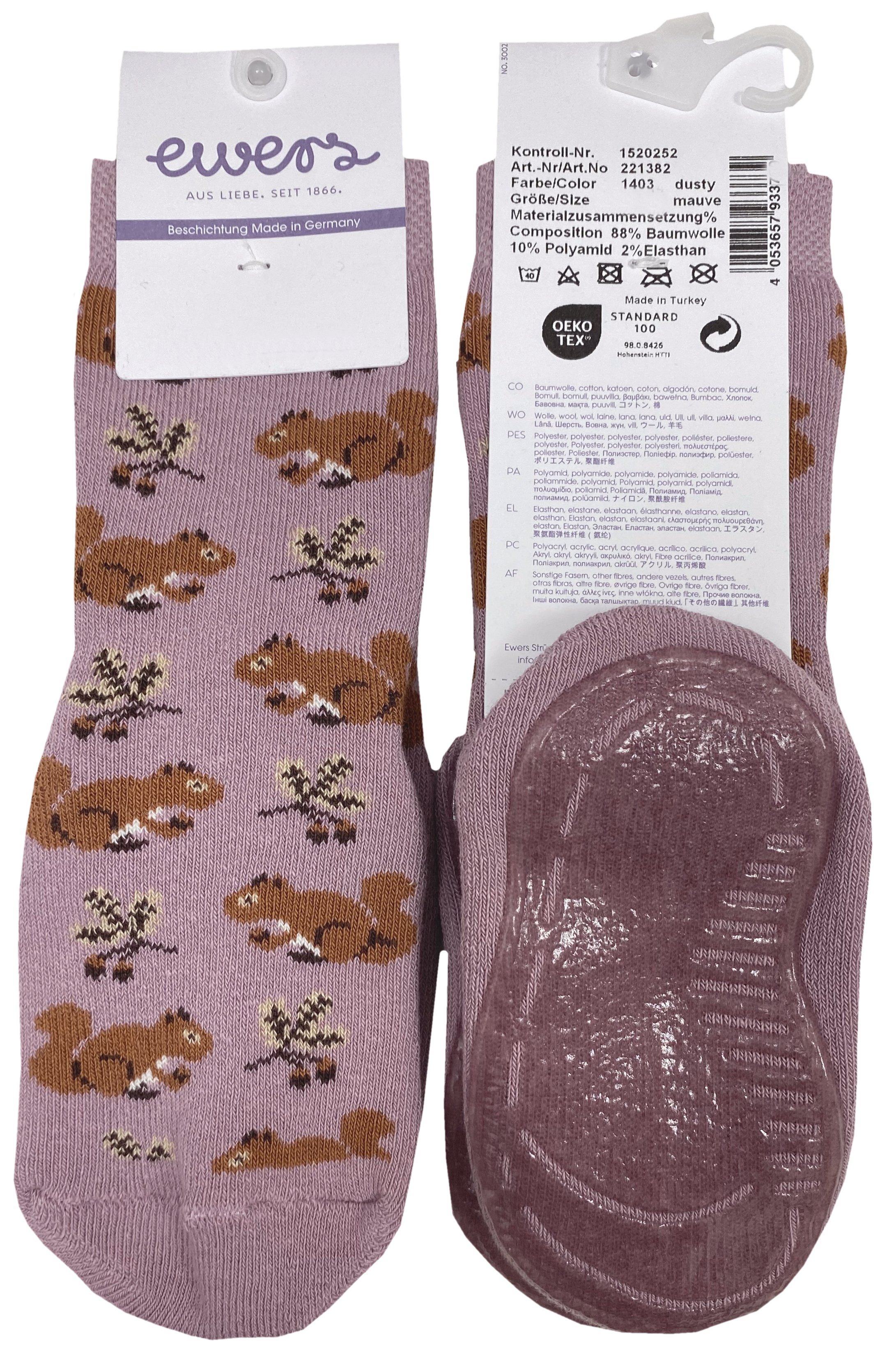 Stoppersocken aus BW Vollfrottee Softstep Sohle v. EWERS Dusty Mauve Eichhörnchen Motiv 221382