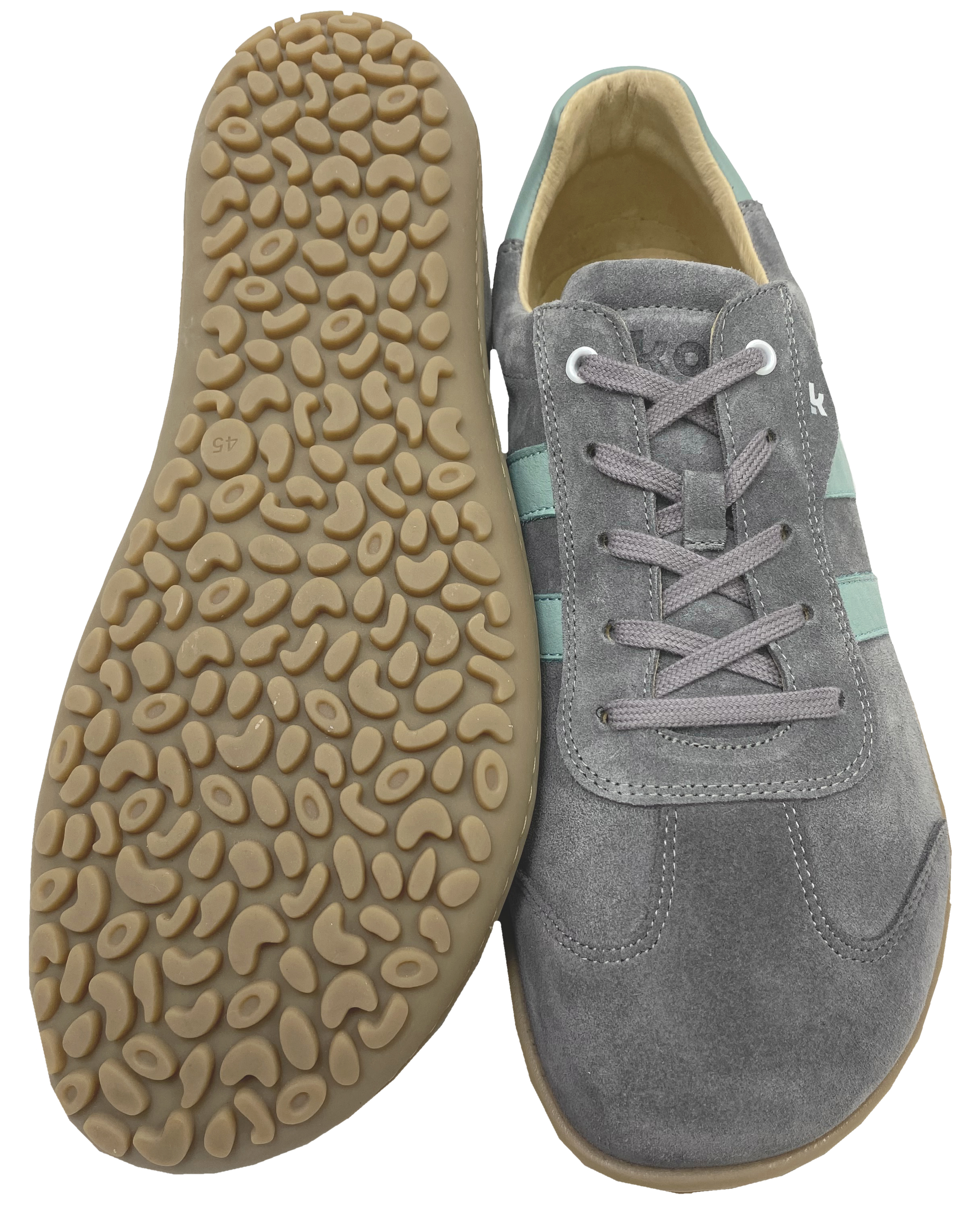 Trendige Sneaker / Barfußschuhe aus Wildleder in Grau mit Türkisem Str. von KOEL "ILO Suede"