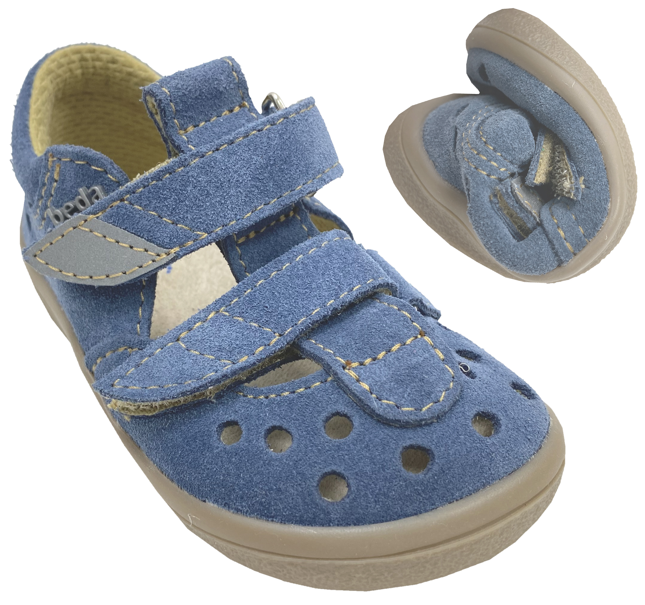 Halbsandalen / Minimalschuhe mit Doppelklett in Jeansblau Modell MATEO von BEDA