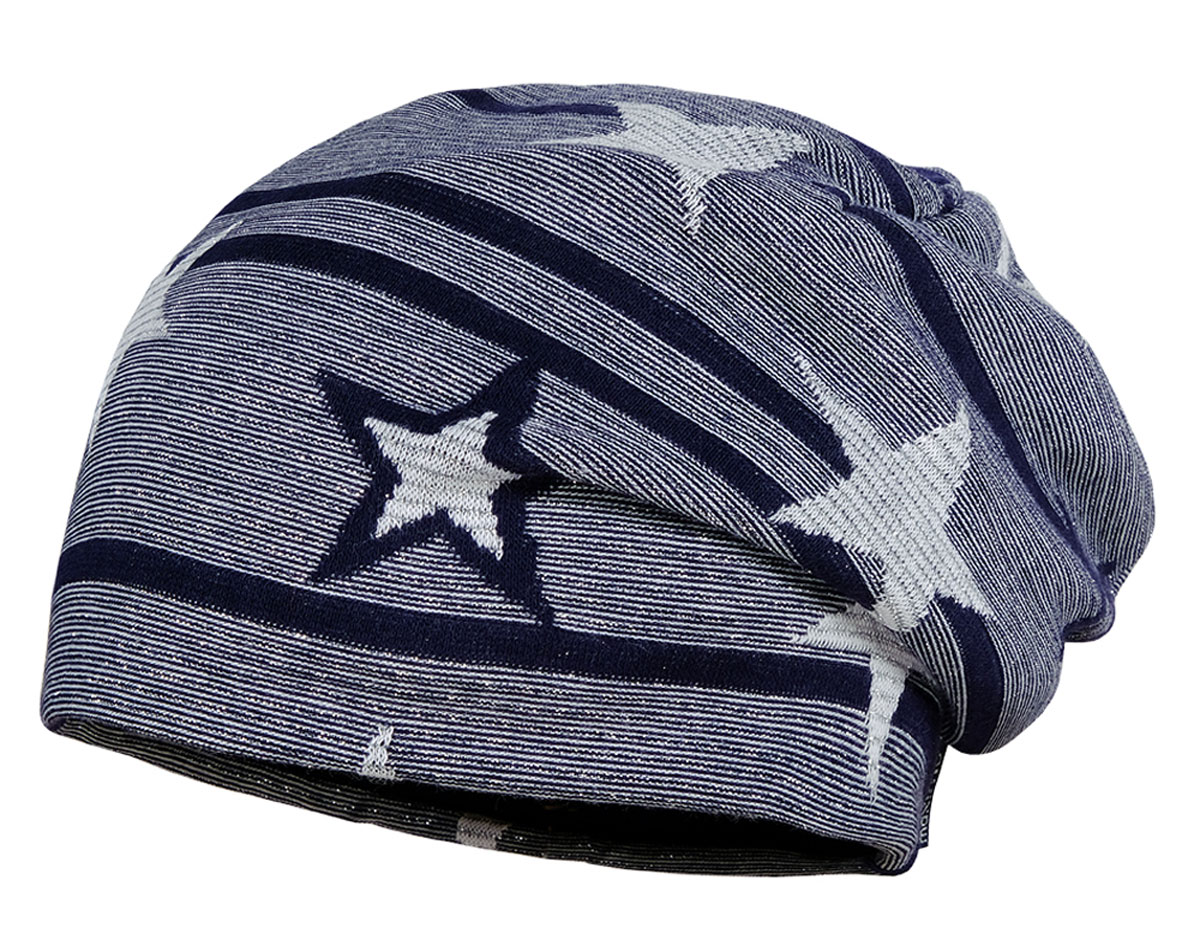 Lässiges Beanie in Navy Blau / Silber Glitzer mit Sternen & BW Fleece Futter von MAXIMO 044200