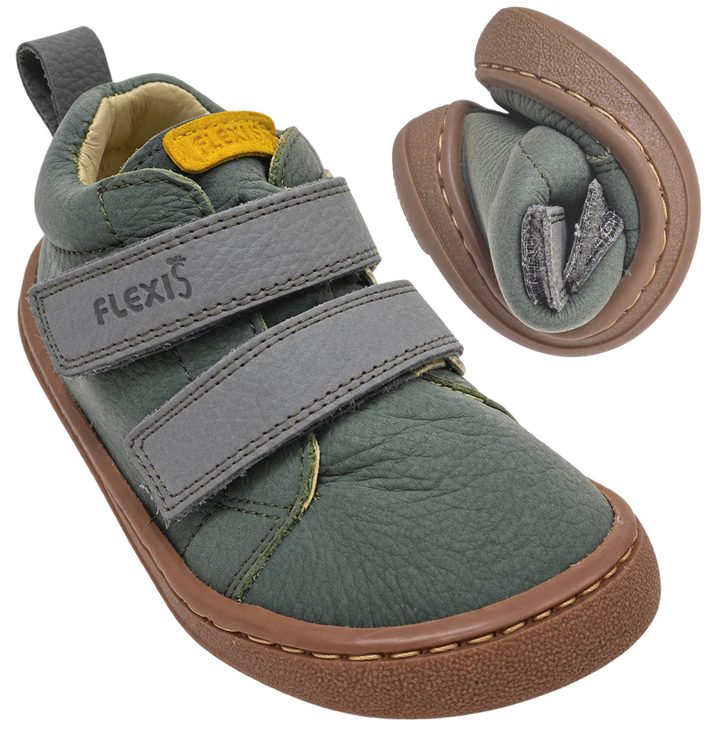 Barfußschuhe aus weichem Leder Knöchelhoch von FLEXI NENS in Steingrau / Khaki 9010-R