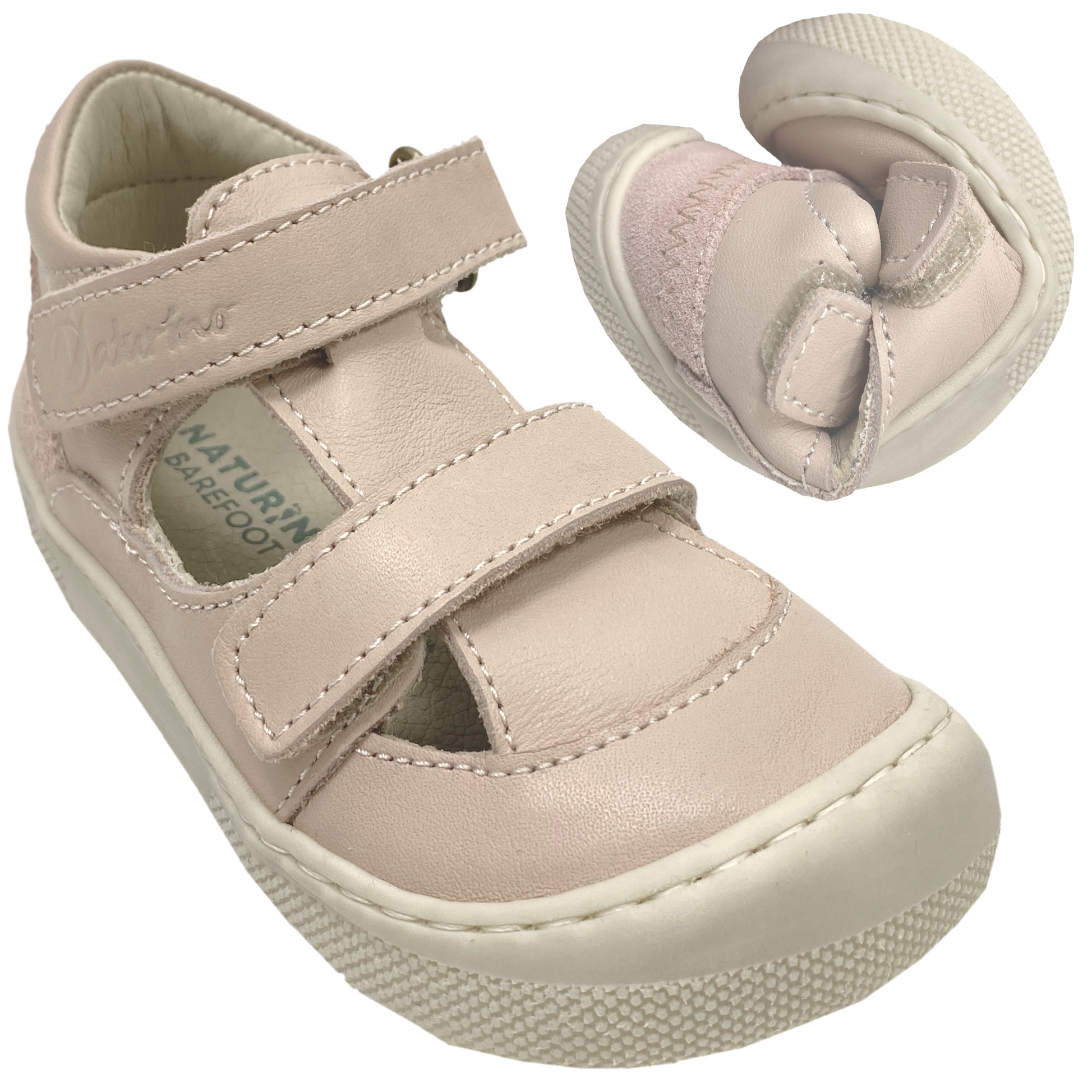 Halbsandale / Minimalschuhe aus Leder mit Doppelklett von NATURINO Barefoot "IRTYS" in Cipria - Pink (Hellrosa)