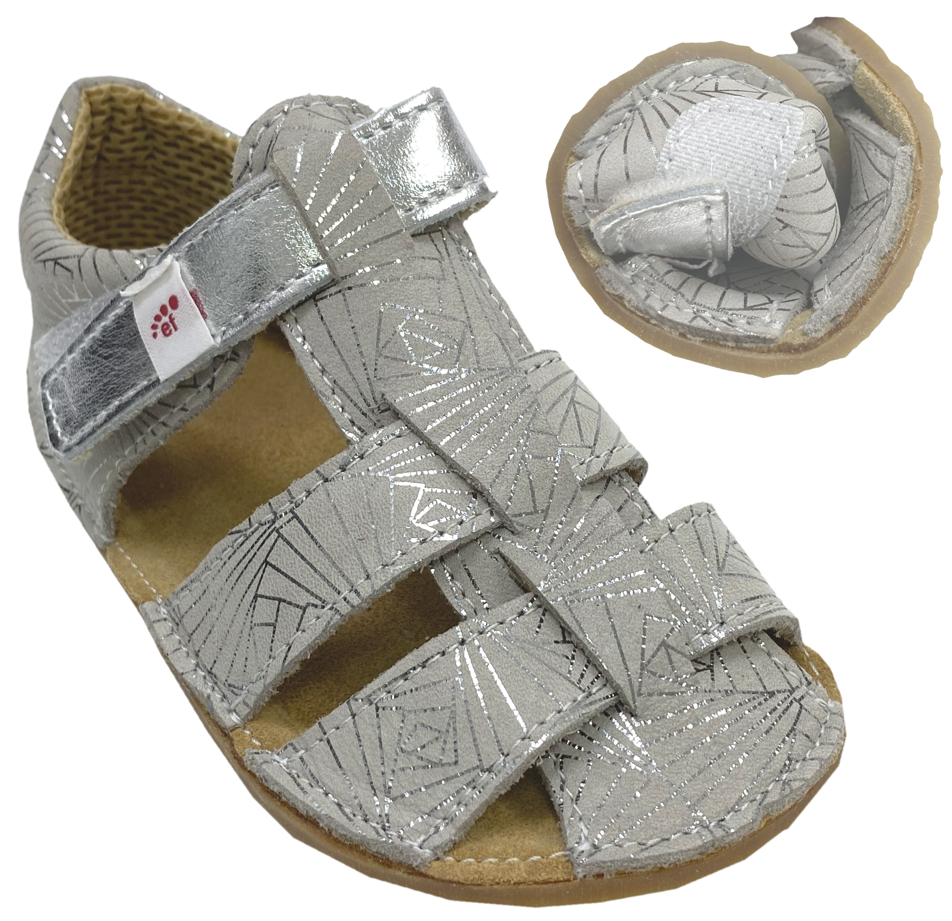 Riemchensandalen / Barfußsandalen aus Leder + 3mm Krepp Sohle in Grau Silber von EF BarEFoot