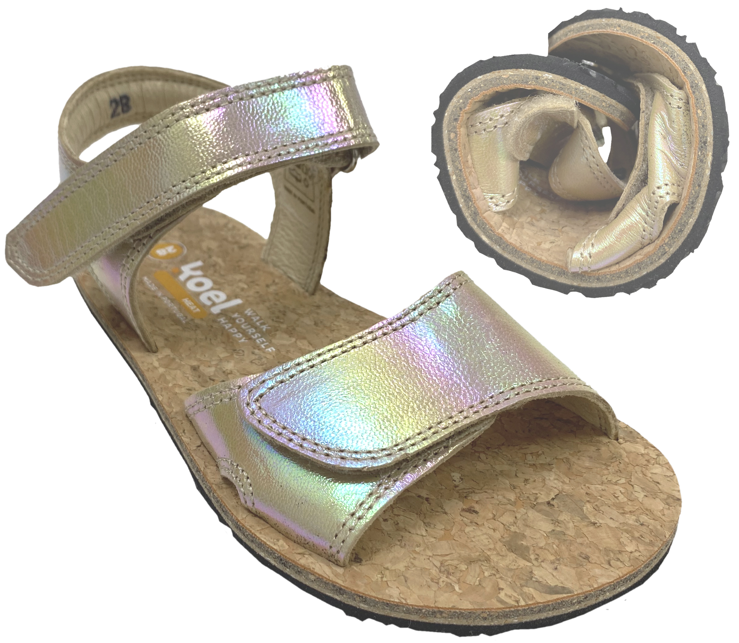 Sandale mit Minimalsohle, Korkbezug und Lederriemchen in Gold Glitzer von KOEL Barefoot *Ashley Metalic *