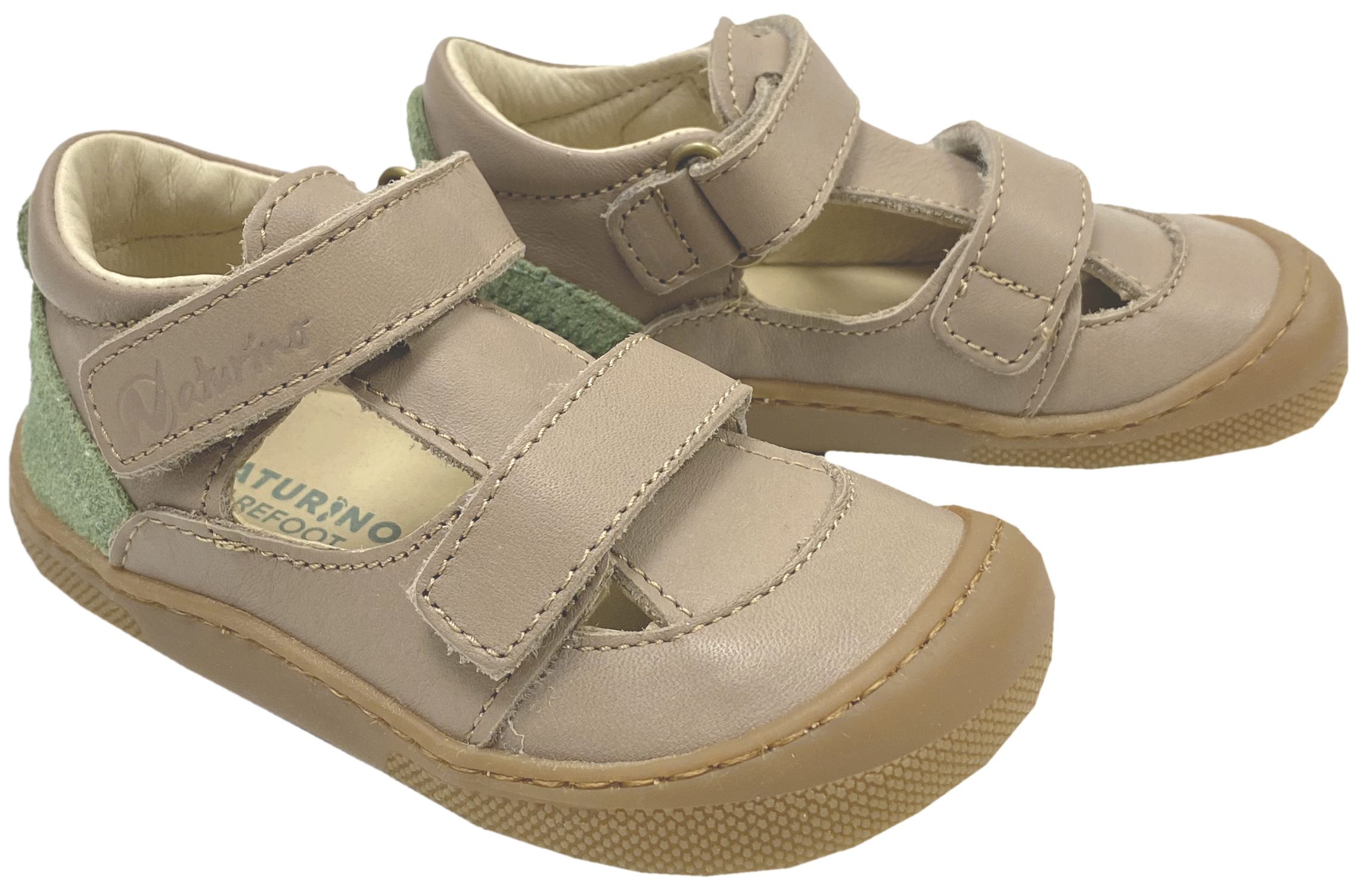 Halbsandale / Minimalschuhe aus Leder mit Doppelklett von NATURINO Barefoot "IRTYS" in Taupe-Leaf (Grün)